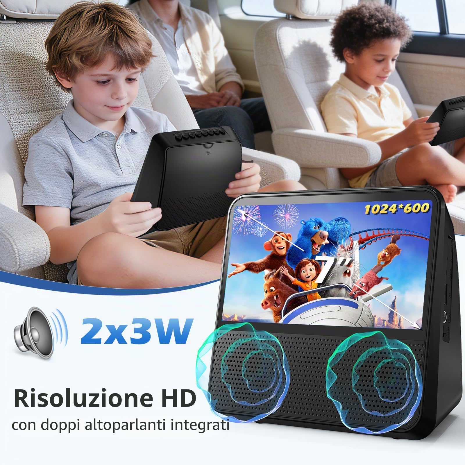 Lettore DVD Portatile 9,8‘’ con Schermo, Batteria 4000mAh Viaggio in Auto | Lettore DVD per Bambini TV, Supporta Bluetooth/AUX/AV/USB, Timer Sleep, Sync TV, DVD Player Multiregionale con Telecomando
