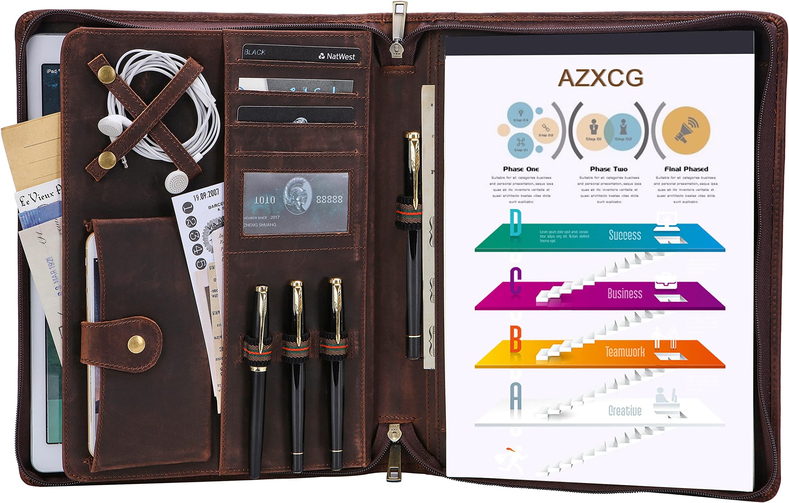 AZXCG Genuine Leather Portfolio with Zipper for Men Women,Leather Personalized Padfolio for A4 Legal Size Pad Holder 12.9 inch,Work Portfolio for Meeting and Travel,Gift for Birthday