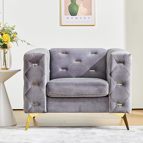 LEVNARY Sillón de lectura de terciopelo, moderno con botones y ribete de cabeza de clavo, cómodo sofá Chesterfield tapizado individual para sala de