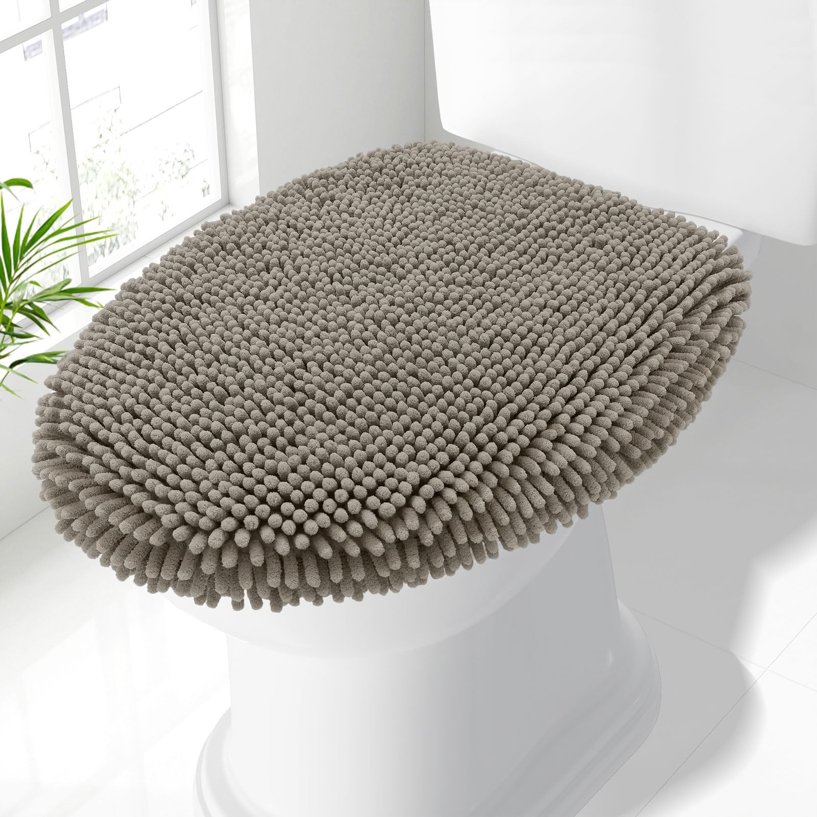 Smiry Soft Chenille Bathroom Toilet Lid Cover, Machine Washable Covers, 17.5x15, Fits Most Round, Elongated and Oblong Lids, Accessories Decor, Latte