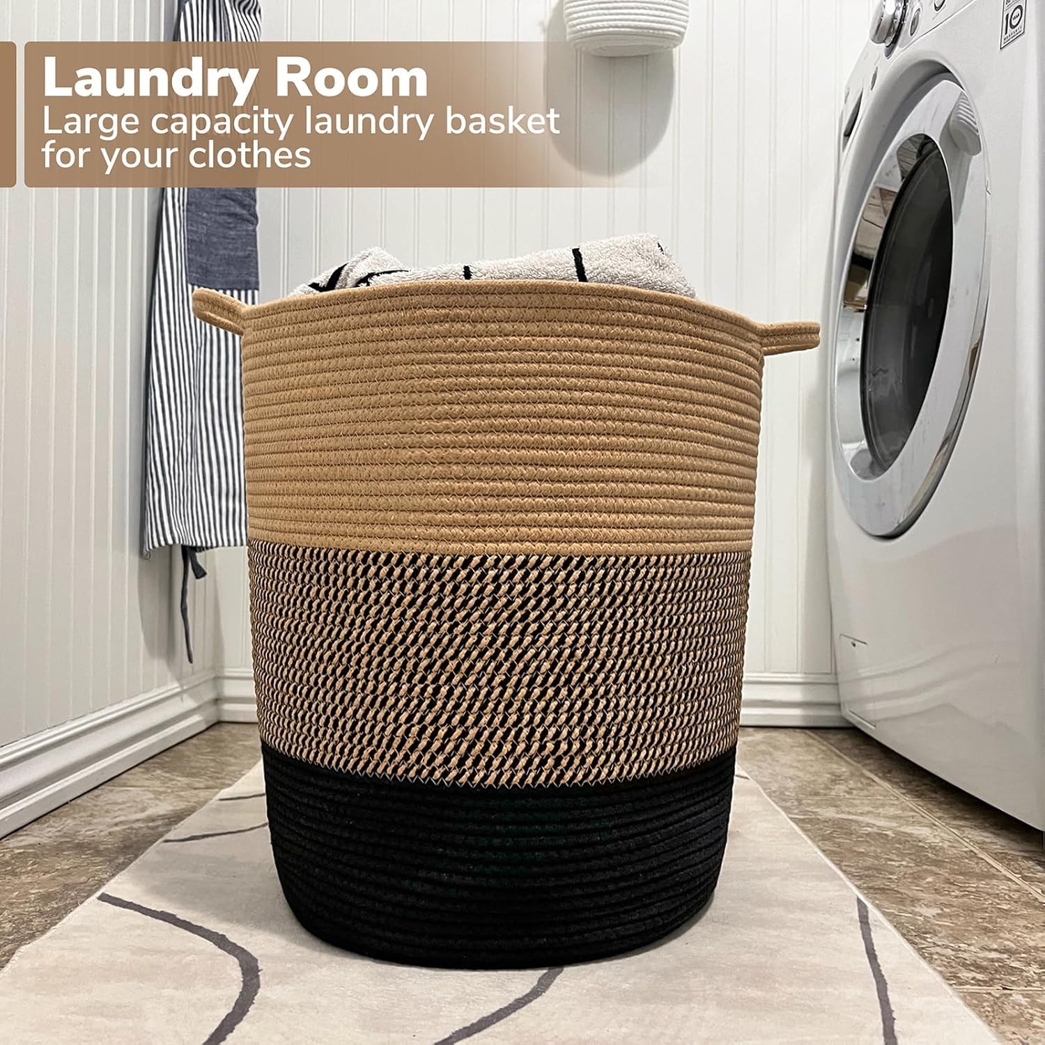 ALBY® Large Rope Basket - Tall Laundry Basket Hamper for Dirty Clothes Woven Jute Storage Basket for Blanket in Living Room Toy Basket for Nursery Storage, 17.8" x 15.8" x 13.8" (BLACCK & JUTE)