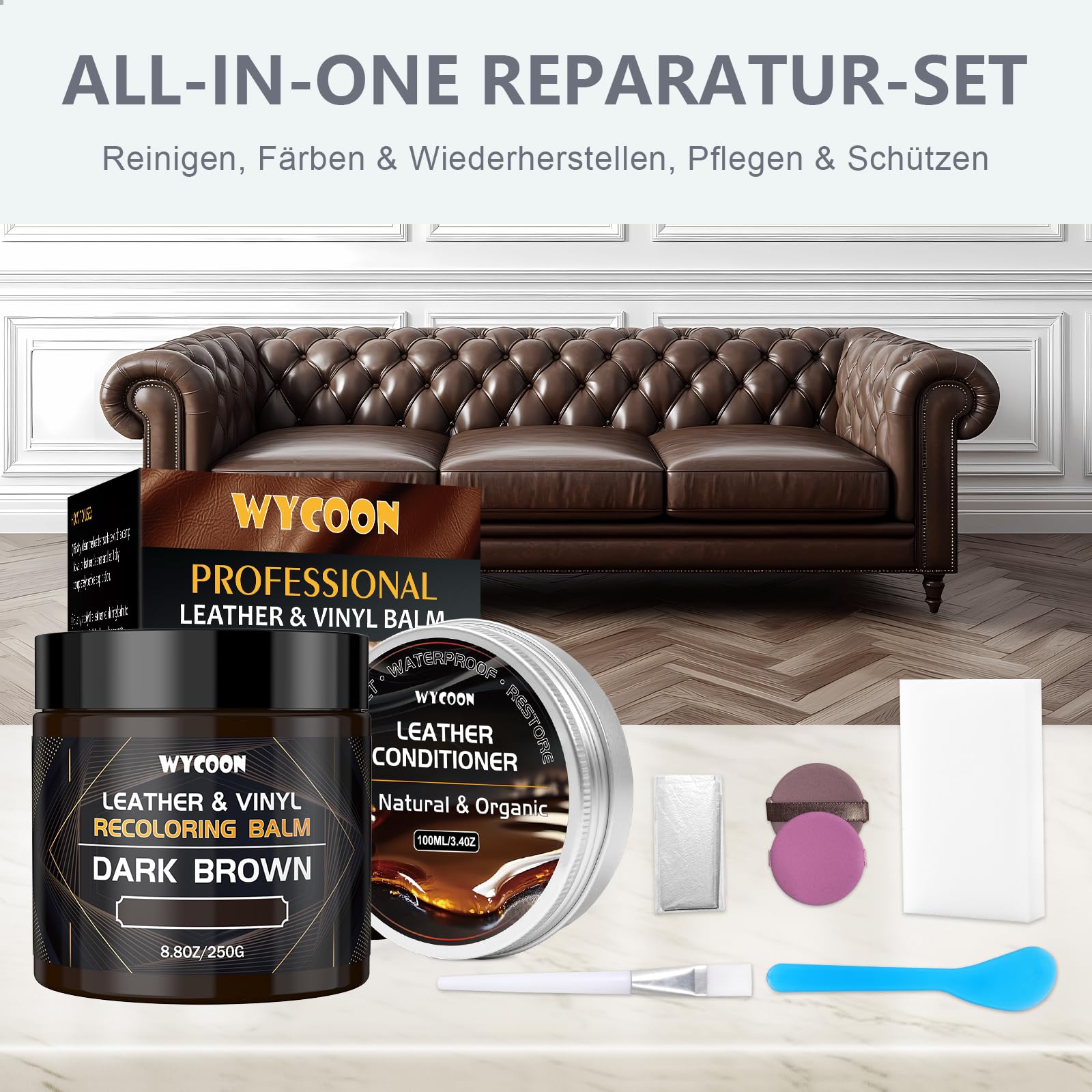 Reparador y Cuidado de Cuero Marrón Medio - Pintura, Tinte y Bálsamo Nutritivo para Sofás, Muebles, Asientos de Coche | Restauración Profunda de Cuero Rayado, Desvanecido y Deshidratado