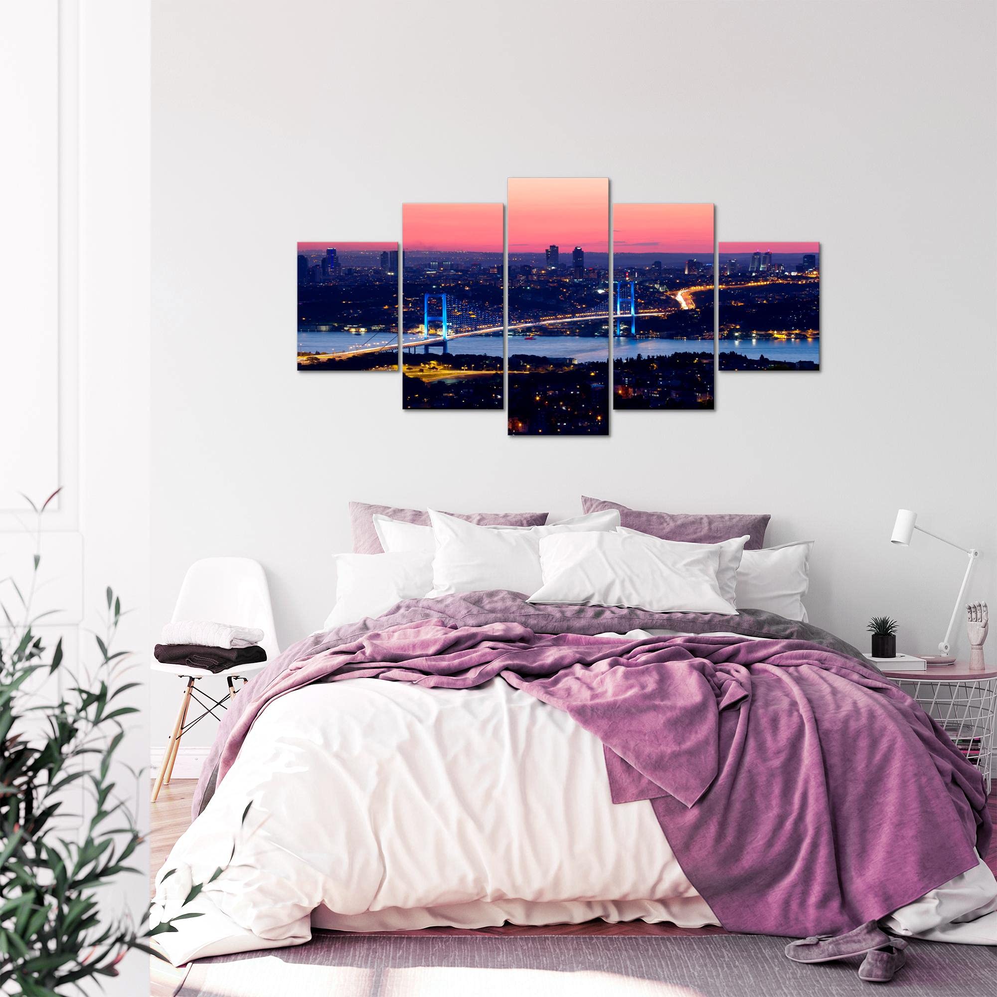 Runa Art - Tableau Istanbul Turquie 200 x 100 cm 5 Parties XXL Decoration Murale Dessin Bleu 603851a