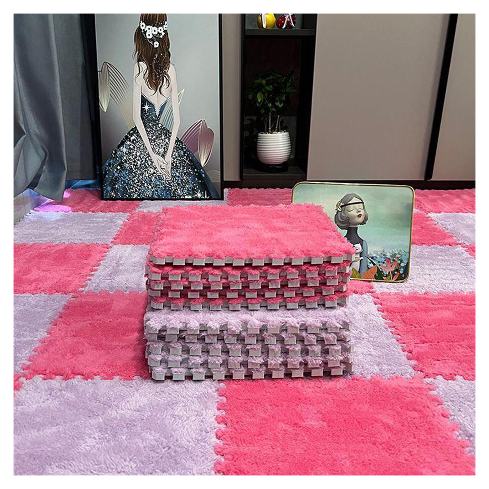 Dywan z kwadratowymi puzzlami, 12 elementów, miękki i puszysty, z wysokim runem, antypoślizgowy, do użytku wewnątrz i na zewnątrz, 30,5 x 30,5 cm