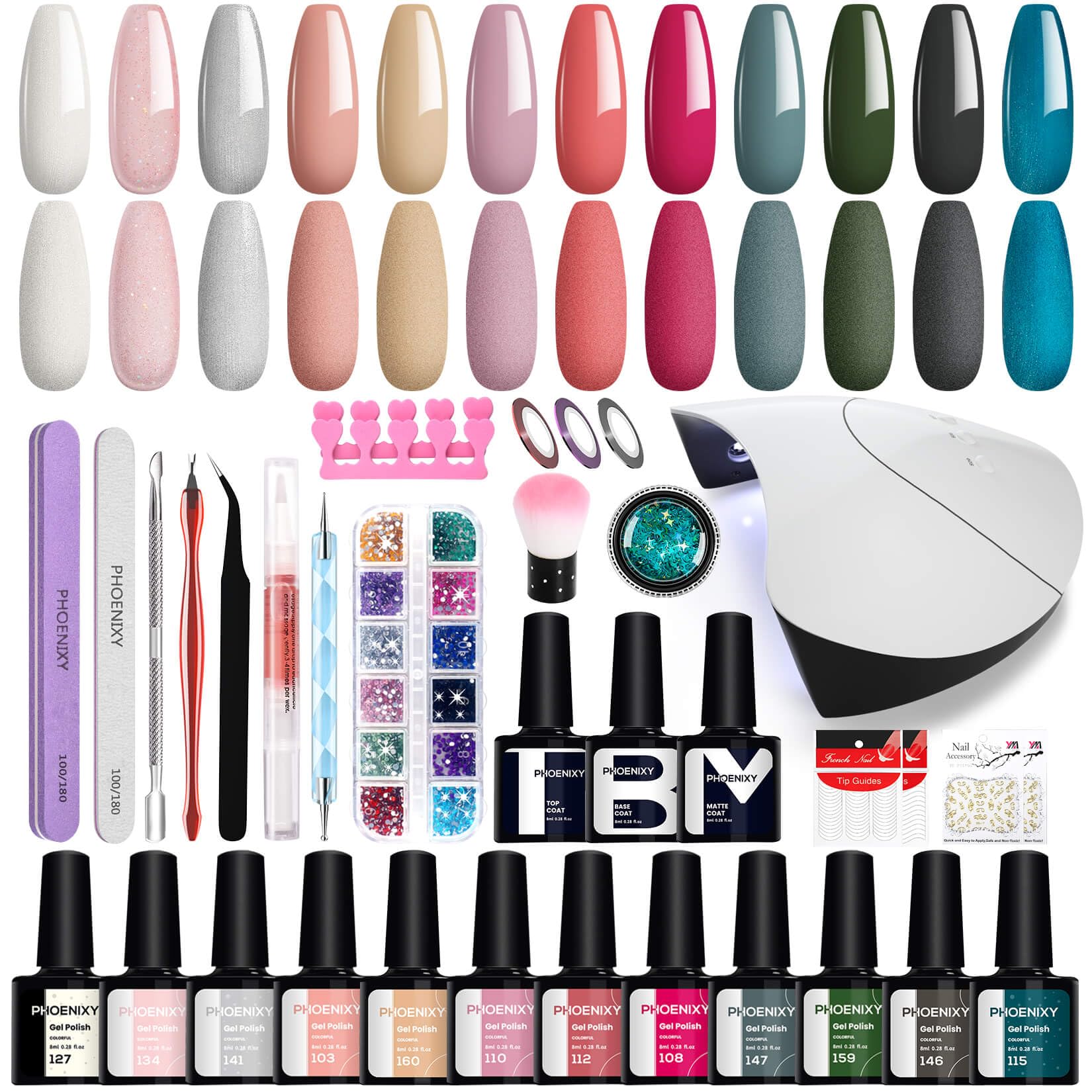 Kit Uñas Semipermanentes Phoenixy con 36W U V/LED Lámpara, 12 Colores Kit Uñas de Gel Completo con Mate y Base Top Coat, Set Manicura Semipermanente