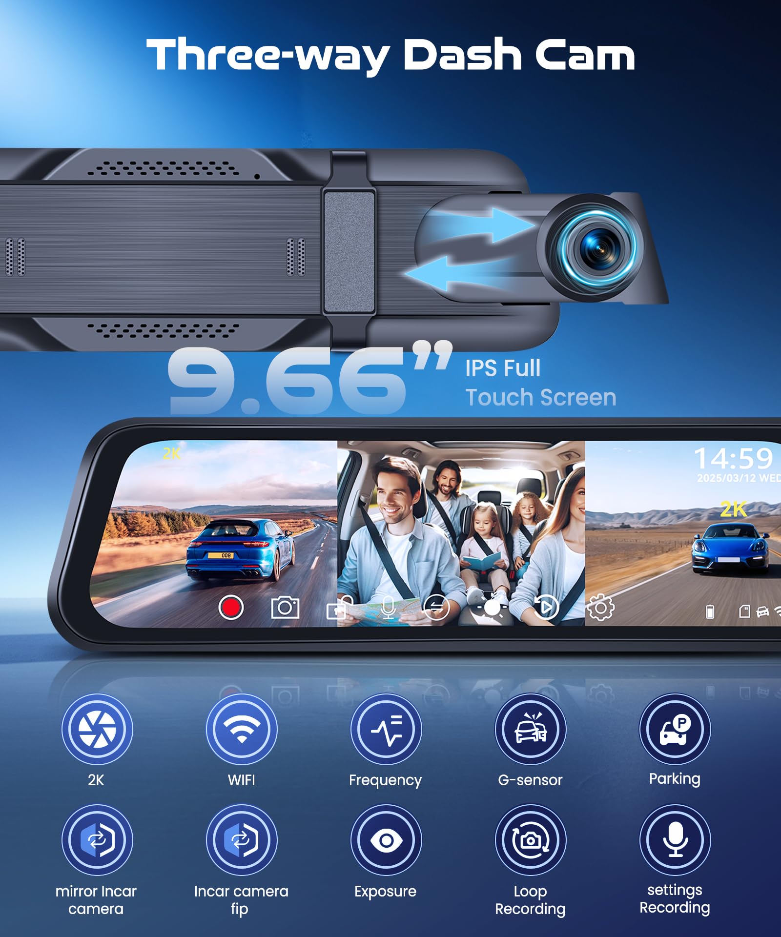 VECHTEL Dashcam 3 kamery, 2K z przodu/1080P wewnątrz/tył z WiFi, ekran dotykowy IPS 9,66 cala, noktowizor, czujnik G, nagrywanie w pętli, nadzór 24H