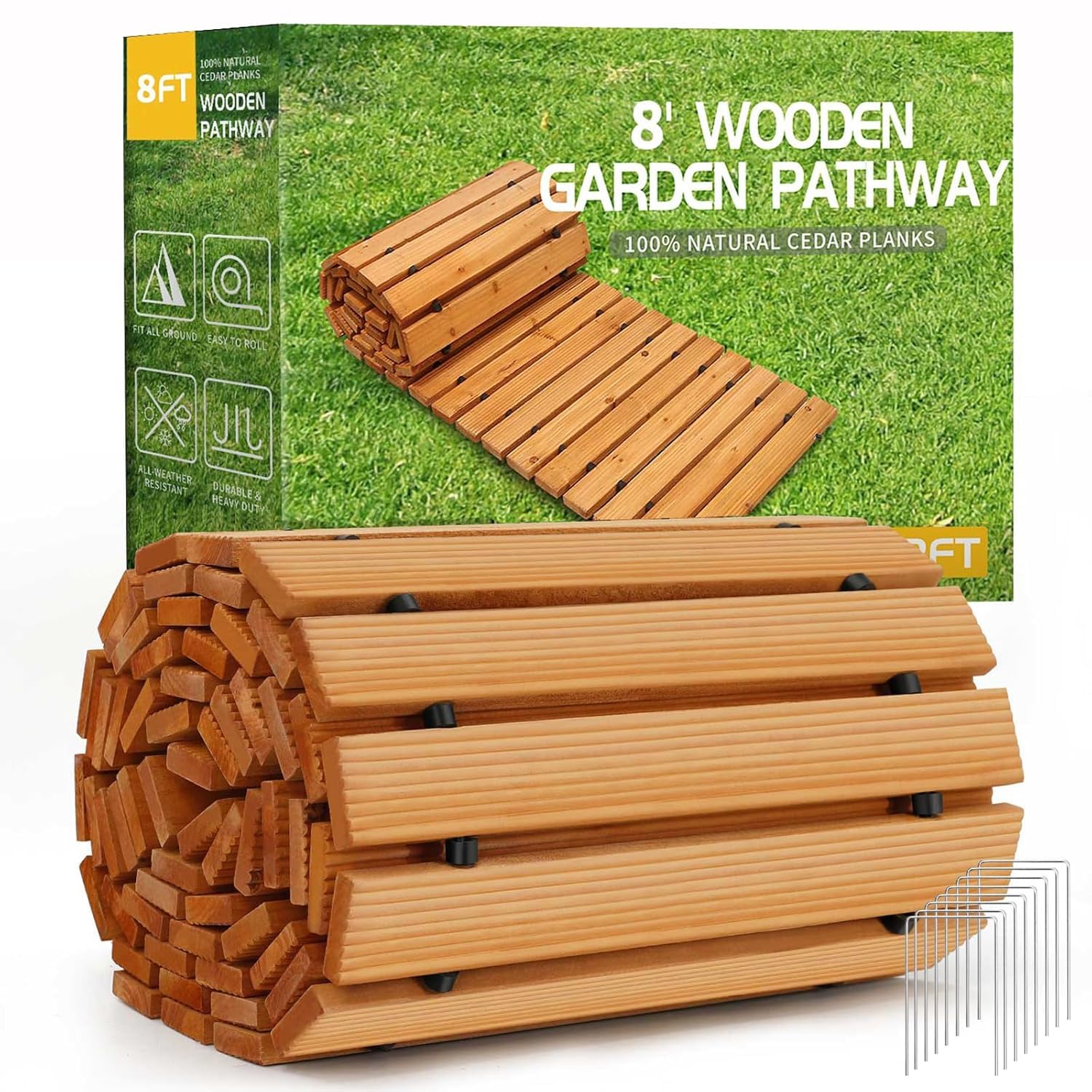 8' Roll-Out Cedar Wood Garden Pathway, Weather-Resistant Outdoor Boardwalk Walkway for Backyard, Beach, Wedding & Muddy Areas, Decorative Portable Straight Slatted Wooden Path Floor, No-Dig, 8 Foot-image-47