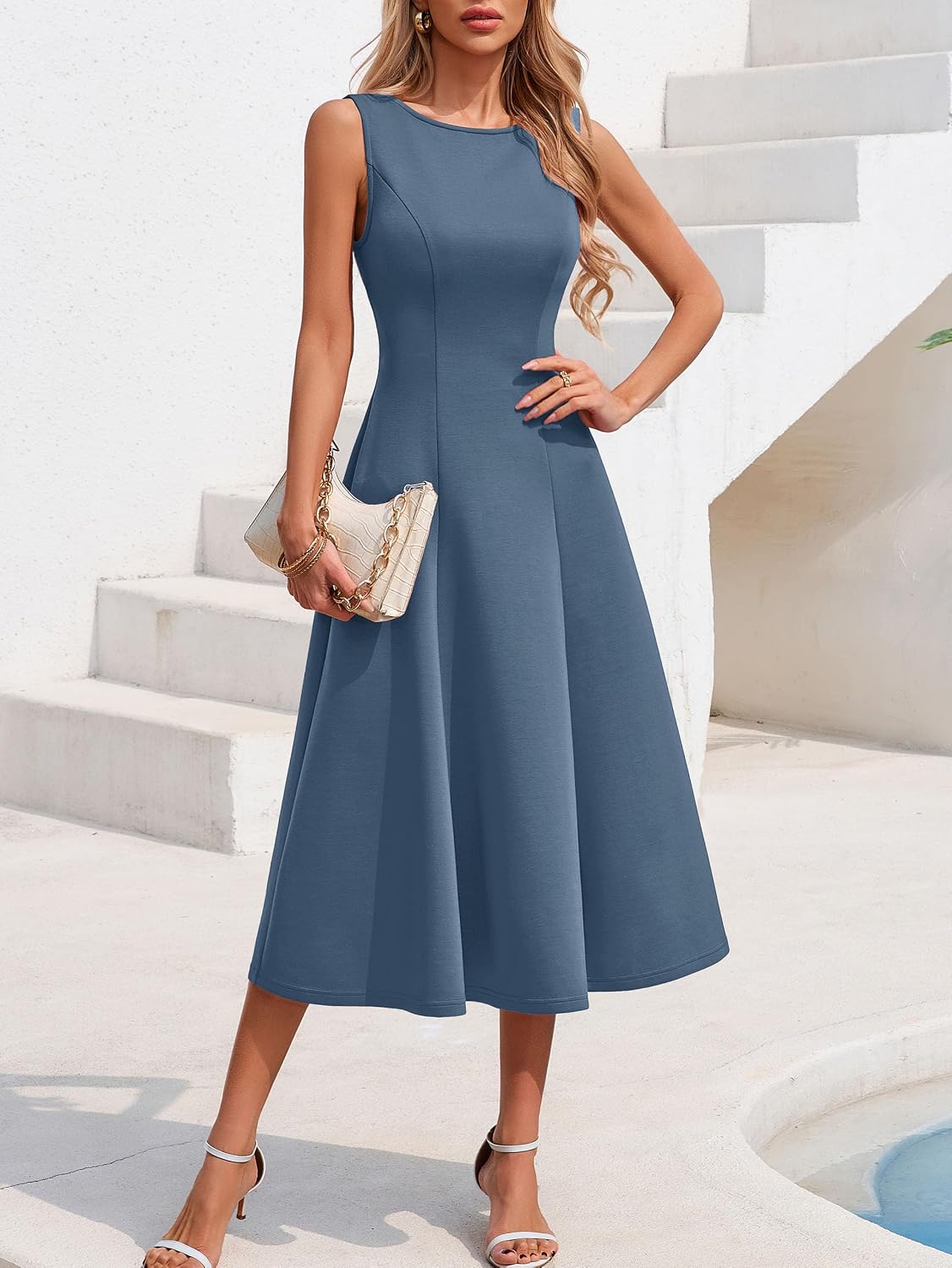 Simplee Womens Summer Sleeveless Cocktail Midi Dress 2026 Elegant Classy Crewneck A Line Flowy Party Tank Formal Dresses