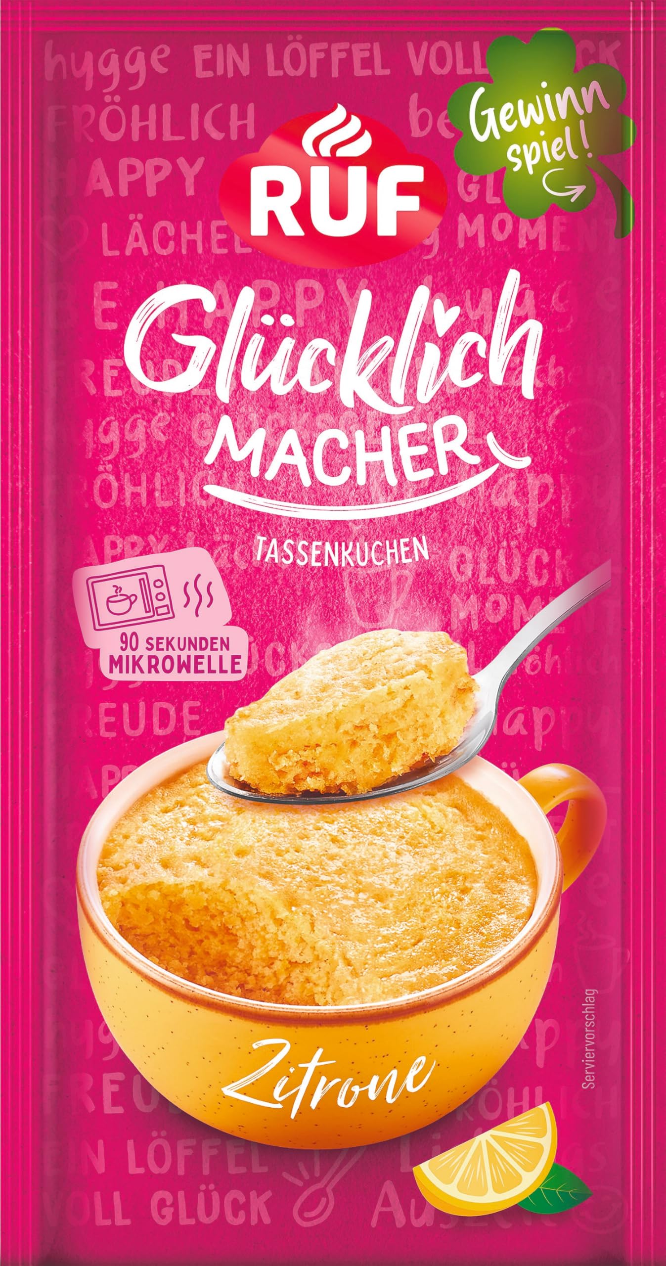 RUF Glücklichmacher Tassenkuchen Zitrone, spritzig-fruchtiger Zitronenkuchen in 90 Sekunden, einfach mit Milch anrühren & genießen, saftig & erfrischend, 1 Portion