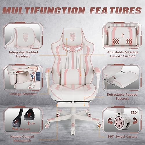 Miniatura 6 de Vonesse Silla de juegos rosa para niñas, silla de computadora reclinable estilo carreras con reposapiés de oficina, silla ergonómica giratoria de