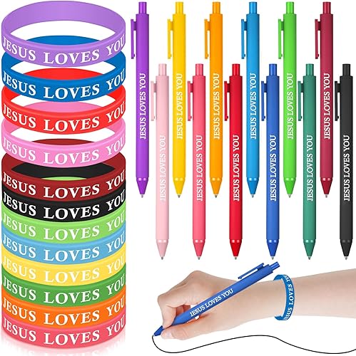 Glenmal Juego de 24 pulseras de bolígrafos cristianos, regalos cristianos, bolígrafos de tinta negra, pulseras de goma de colores para niños,