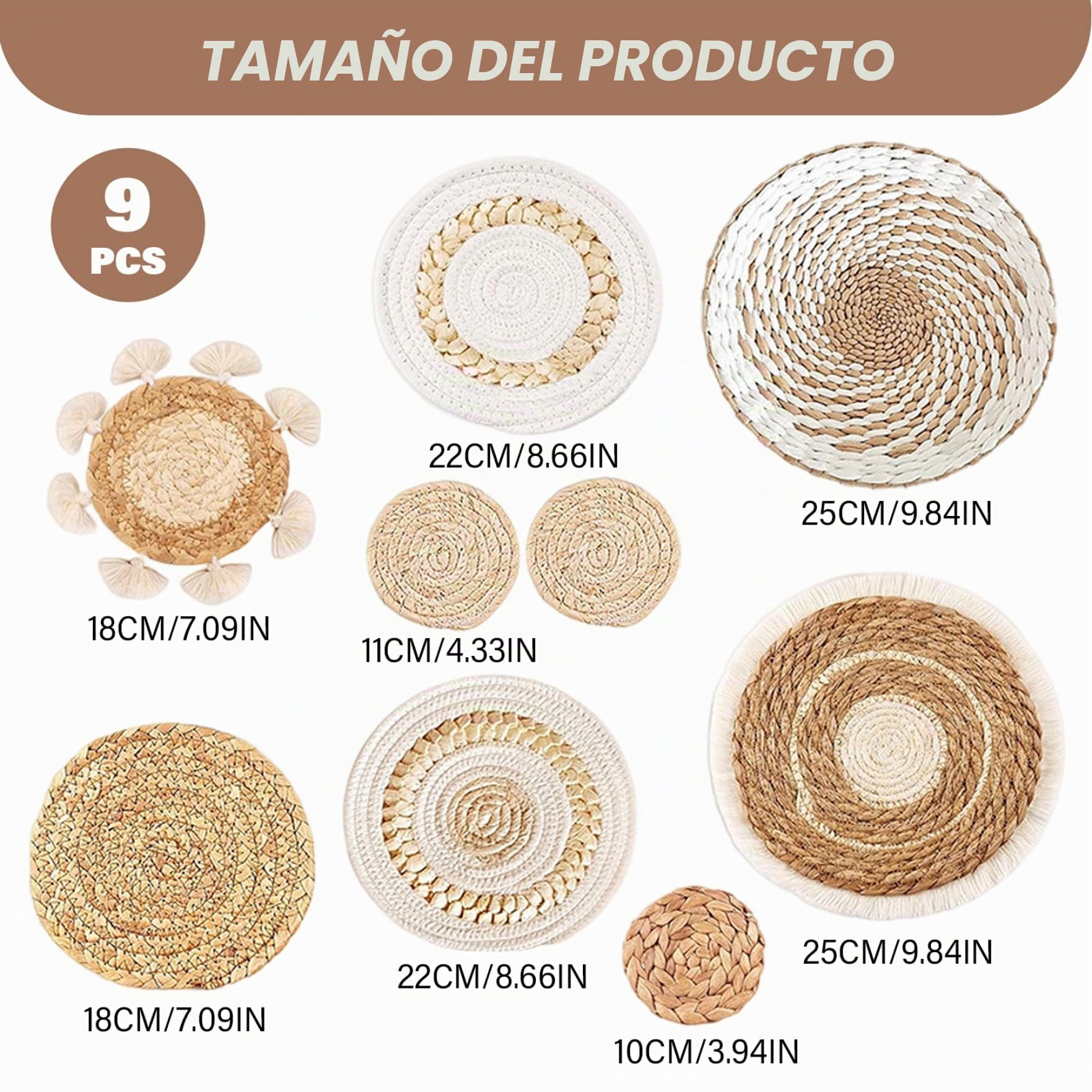 9 piezas decoración de pared boho, decoración de la pared de cocina tejida colgante, boho macrame pared colgando rústico redondo redondo plano marina marina de mimbre de mimbre para la sala de e