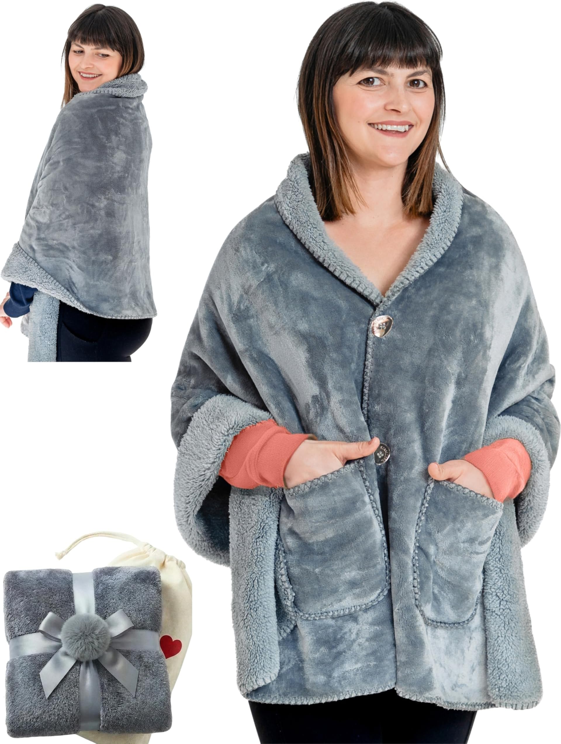 EzrAllora Premium Double Layer Poncho Blanket - No Sleeves Easy On Easy Off- Drape and Go- 2 pockets - Gifts for Grandma (Silver Grey)