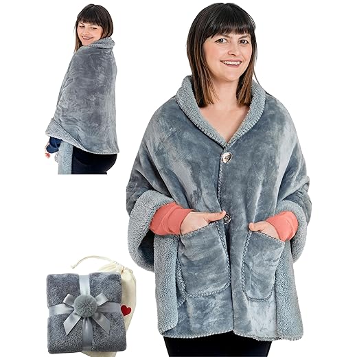 Premium Double Layer Poncho Blanket -No Sleeves Easy On Easy Off- Drape and Go Shawl Gift for Women Who Have Everything - Gifts for Grandma and Mom (Silver Grey)