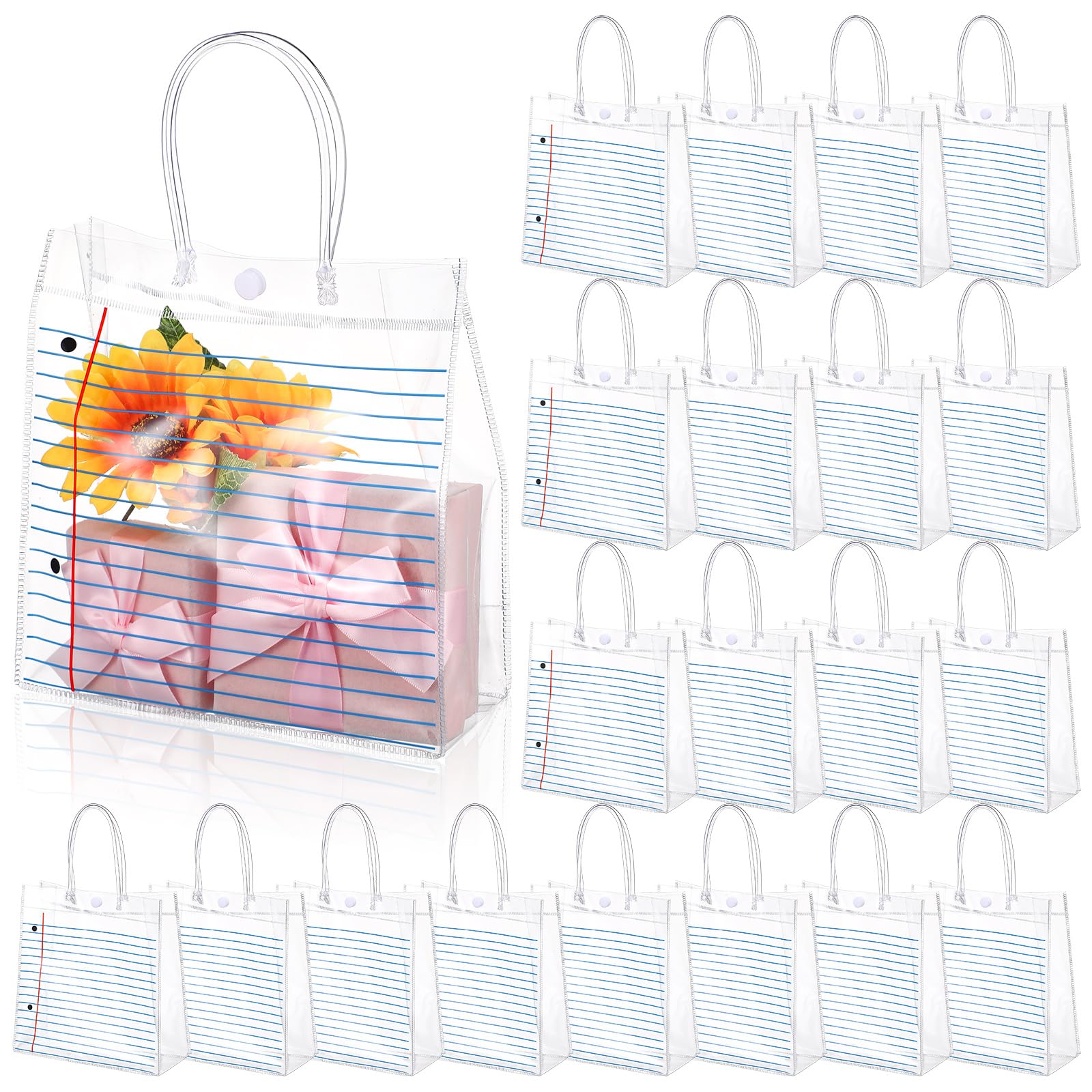 Sweetude 20 Pcs Back to School Party Favor Gift Bags Bulk with Handles First Day of School Teacher Gifts 8x8x3.15'' PVC Notebook Line Clear Treat Bags