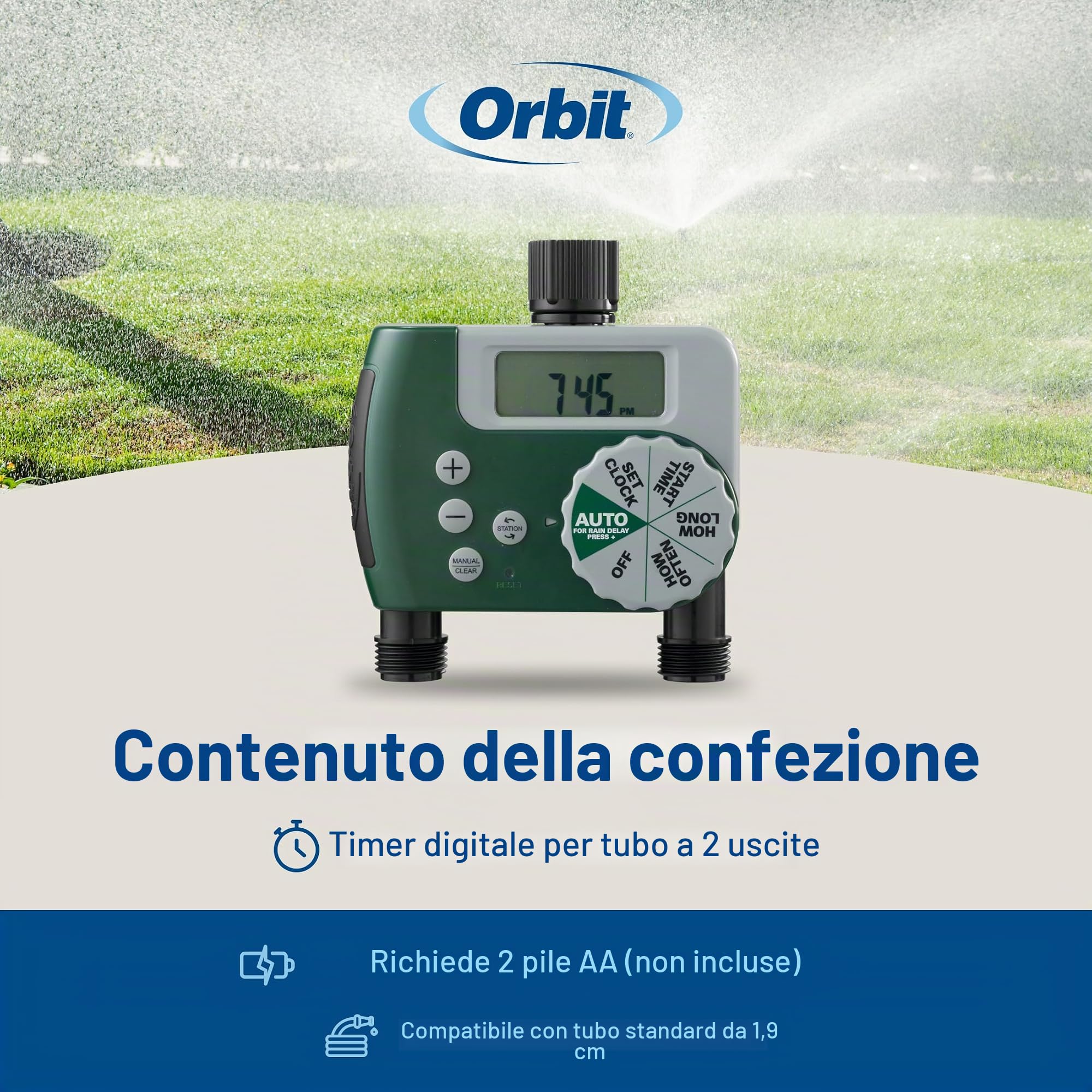 Orbit 58910 Timer programmabile per rubinetto, 2 uscite, verde