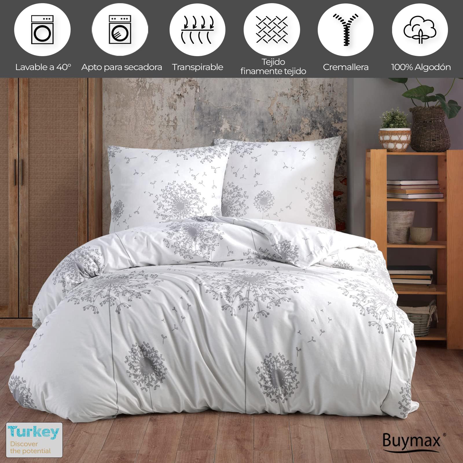 Buymax® Juegos de Sabanas Algodón, Ropa de cama de 200 x 220 cm, 100% algodón, 3 piezas, juego de ropa de cama de 200 x 220 cm con 2 fundas de almohada de 80 x 80 cm, certificado Öko-Tex Renforcé
