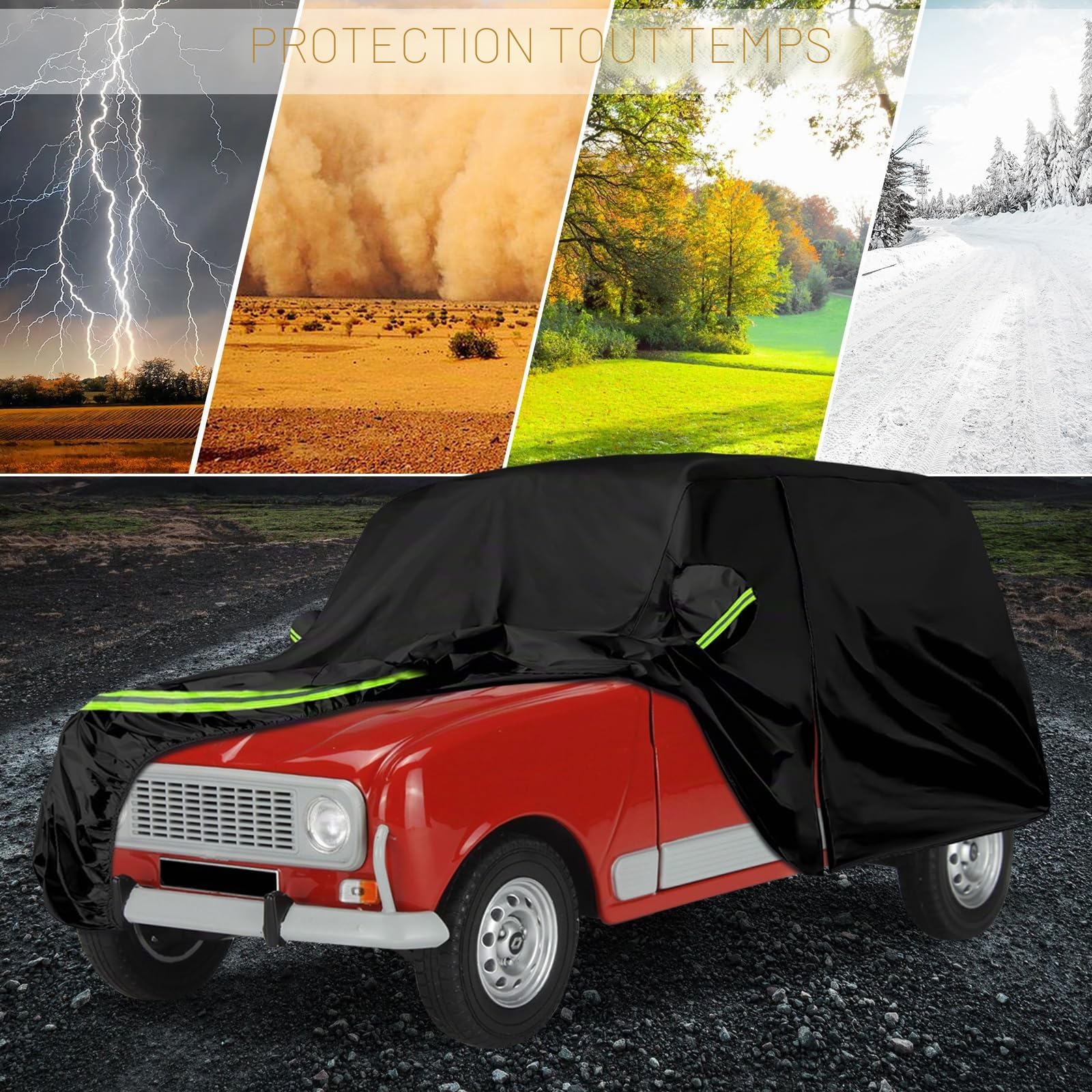 Housse Bache Voiture Exterieur Hiver Remplacement pour Renault 4/4L/R4 1961-1992, Couverture de Voiture Protection Anti-UV Personnalisé, Garage Complet Bandes Réfléchissantes