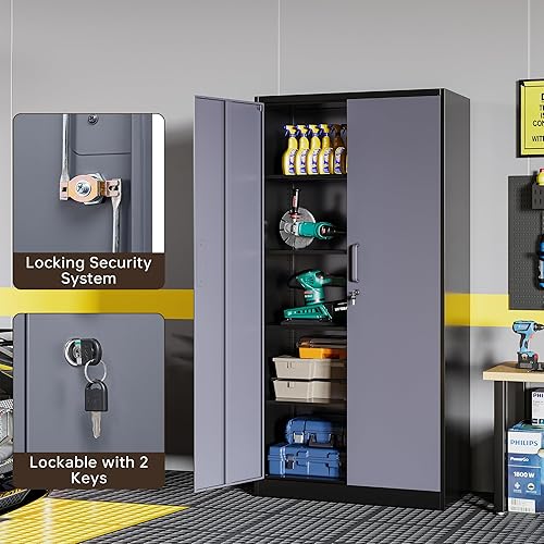 Miniatura 7 de Armario de almacenamiento de metal con cerradura, gabinetes de garaje de 71 pulgadas con 2 puertas y 4 estantes ajustables, caninetes de acero con