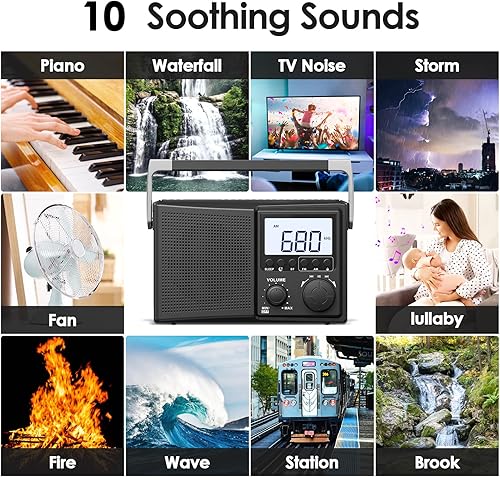 Miniatura 6 de LEOTEC Radio AM FM con Bluetooth, radio portátil de recepción fuerte, enchufe de pared, funciona con pilas, 10 sonidos de ruido blanco, temporizador