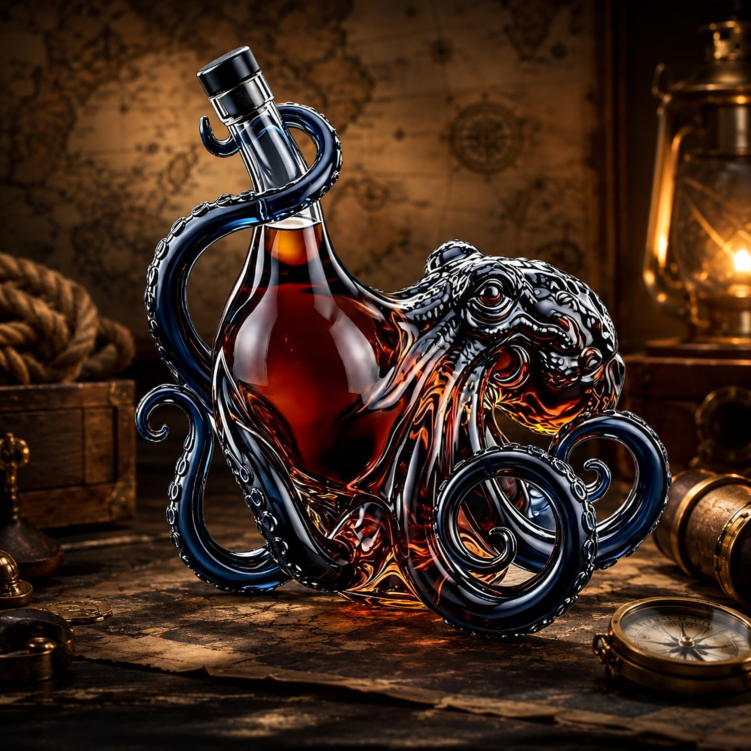 Hand-Blown Decanter – A Unique Borosilicate Glass Bottle with a Sealing Stopper, Crystal Clear, Suitable for Bourbon, Scotch Whisky, and Cocktails, a Highly Collectible bar Gift. (Octopus Type)