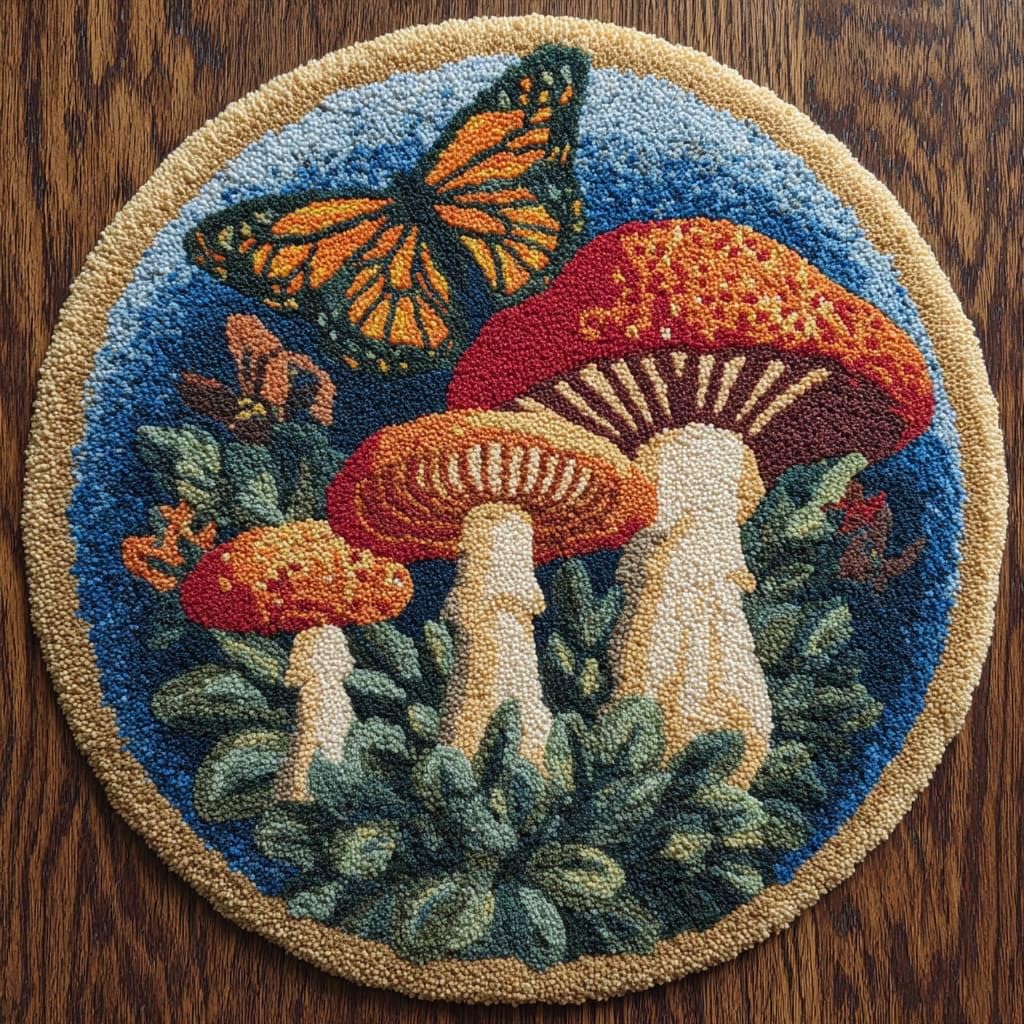 AMBATTERY Round Shape Latch Hook Kits Rug,Mushrooms and Butterflies