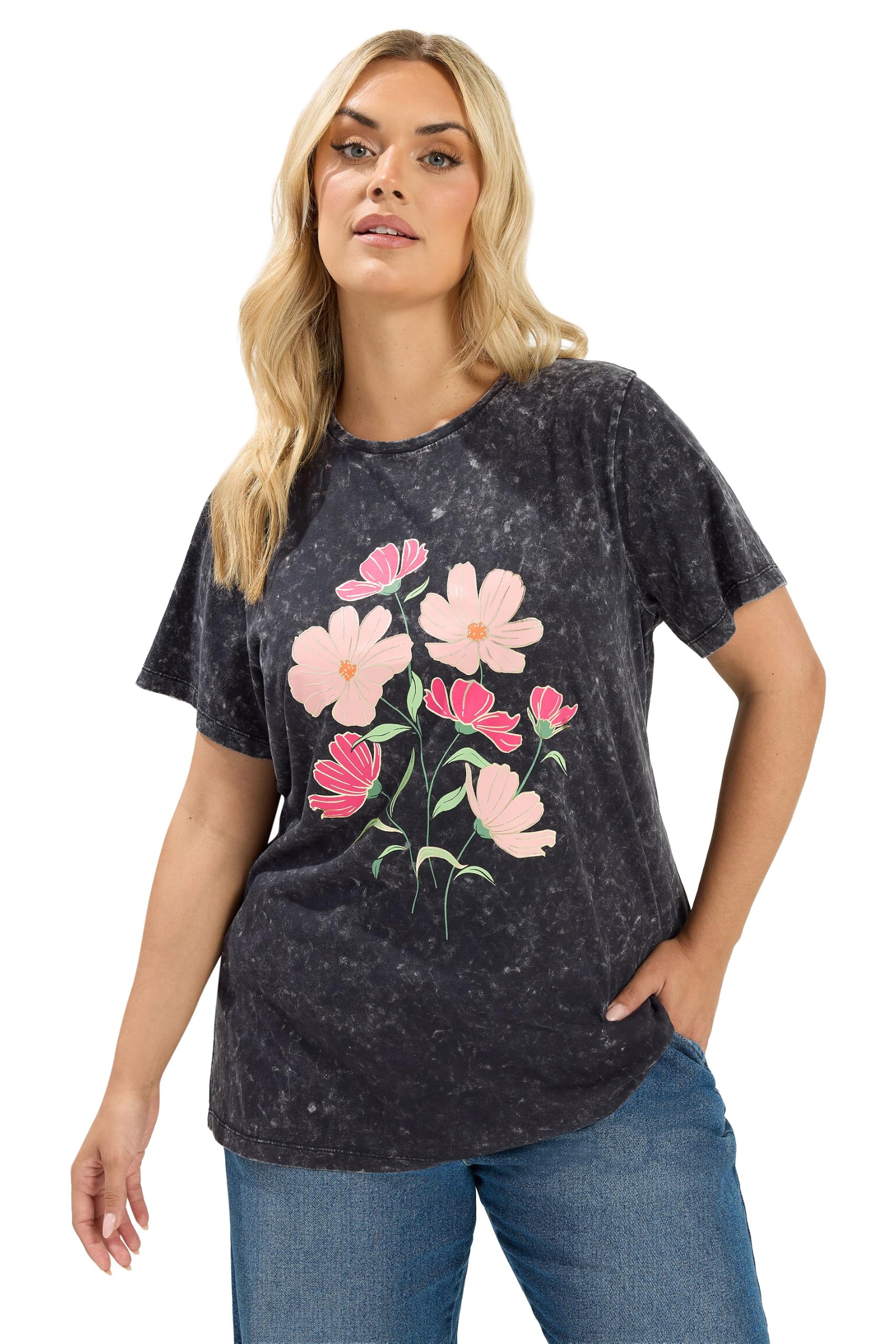 Yours Women's Grey Acid Wash Flower T-Shirt In Size 30-32