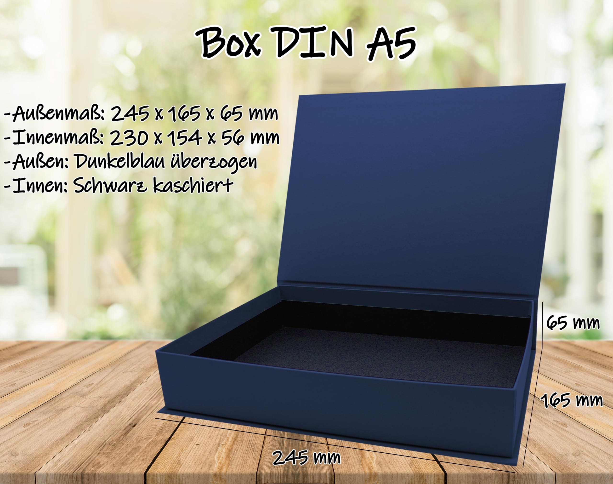 NEUSER PAPIER Pudełko na prezent z pokrywką na zawiasach – 4 sztuki – DIN A5 – powlekane w kolorze ciemnoniebieskim – wewnątrz czarne kaszerowane – 245 x 165 x 65 mm – pudełko do przechowywania