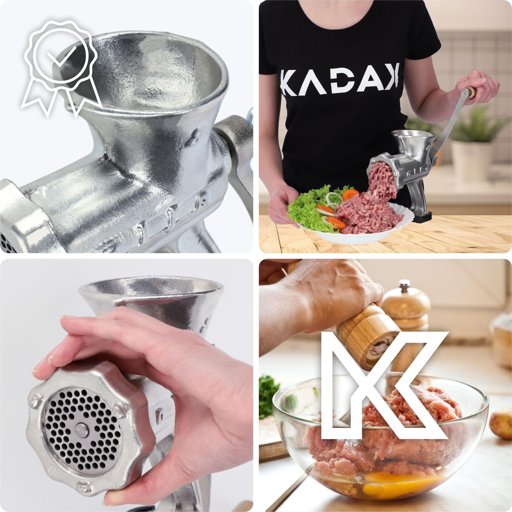 KADAX Ręczna maszynka do mięsa, żeliwna maszynka do mięsa, ze stalową tarczą tnącą i drewnianym uchwytem, wielofunkcyjny młynek ręczny (rozmiar 8)