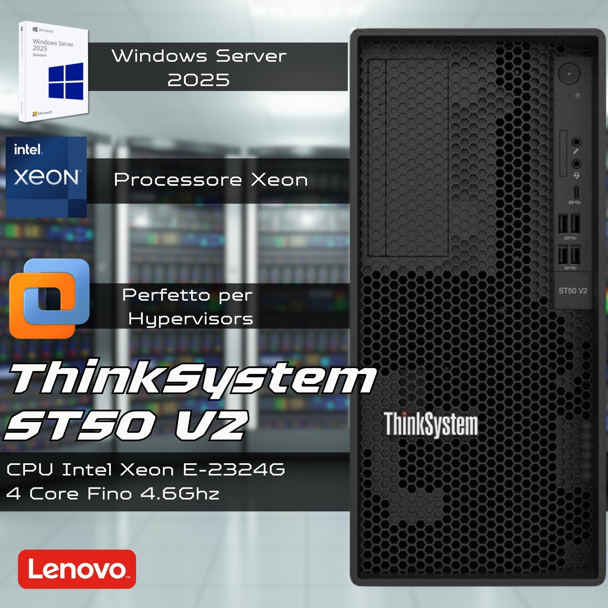 SERVER TOWER - Lenovo THINKSYSTEM ST50 V2 6Gbps SATA controller XEON E-2324G 2x 1 Tera - - Win Server 2025 Standard Garanzia 36 Mesi (16 GB RAM)