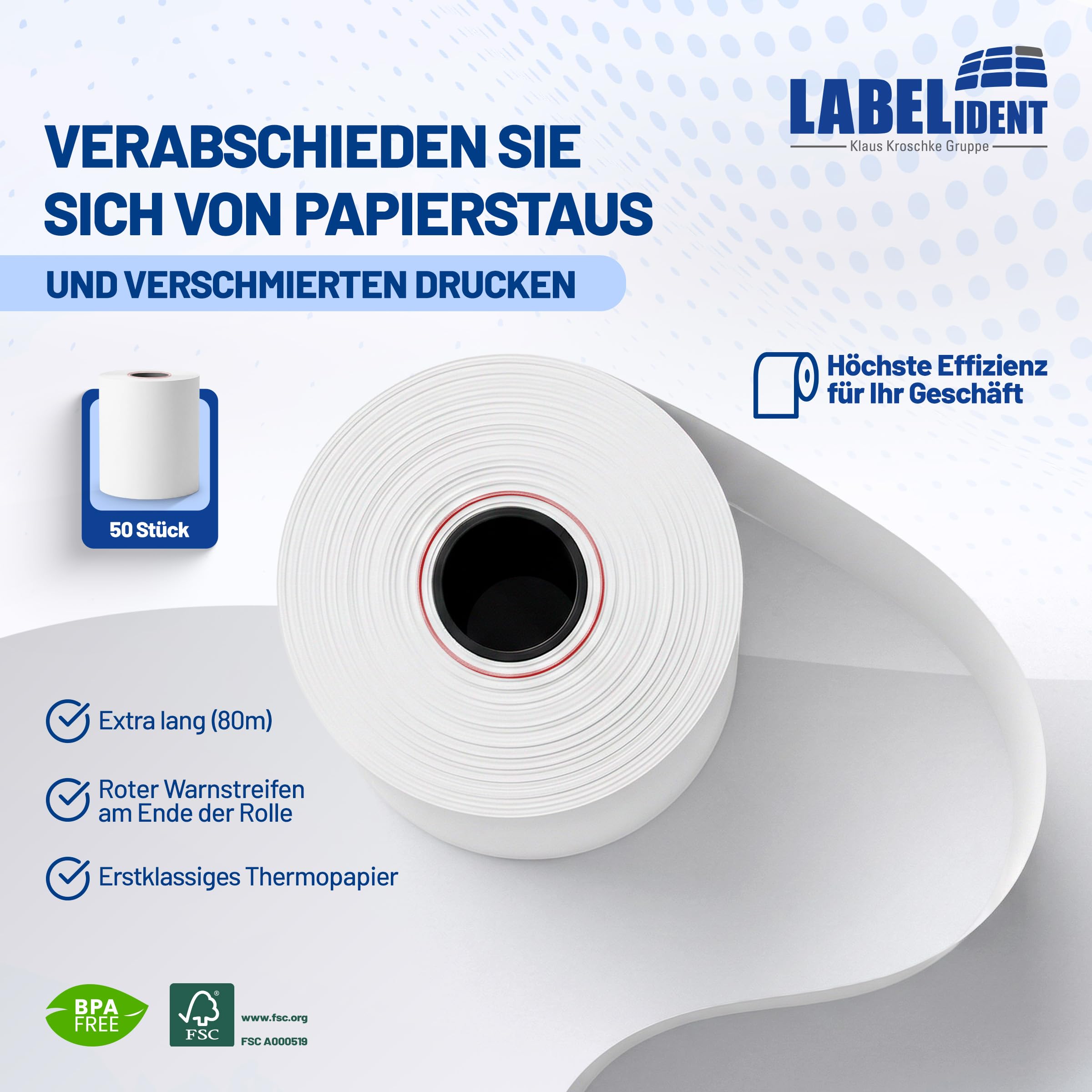 Labelident 50x Thermorollen 80mm x 50m x 12mm, Ø 63 mm, 55 g/m² | Bpa freie Bonrollen, Kassenrollen für alle gängigen Thermo Kassen-Bondrucker