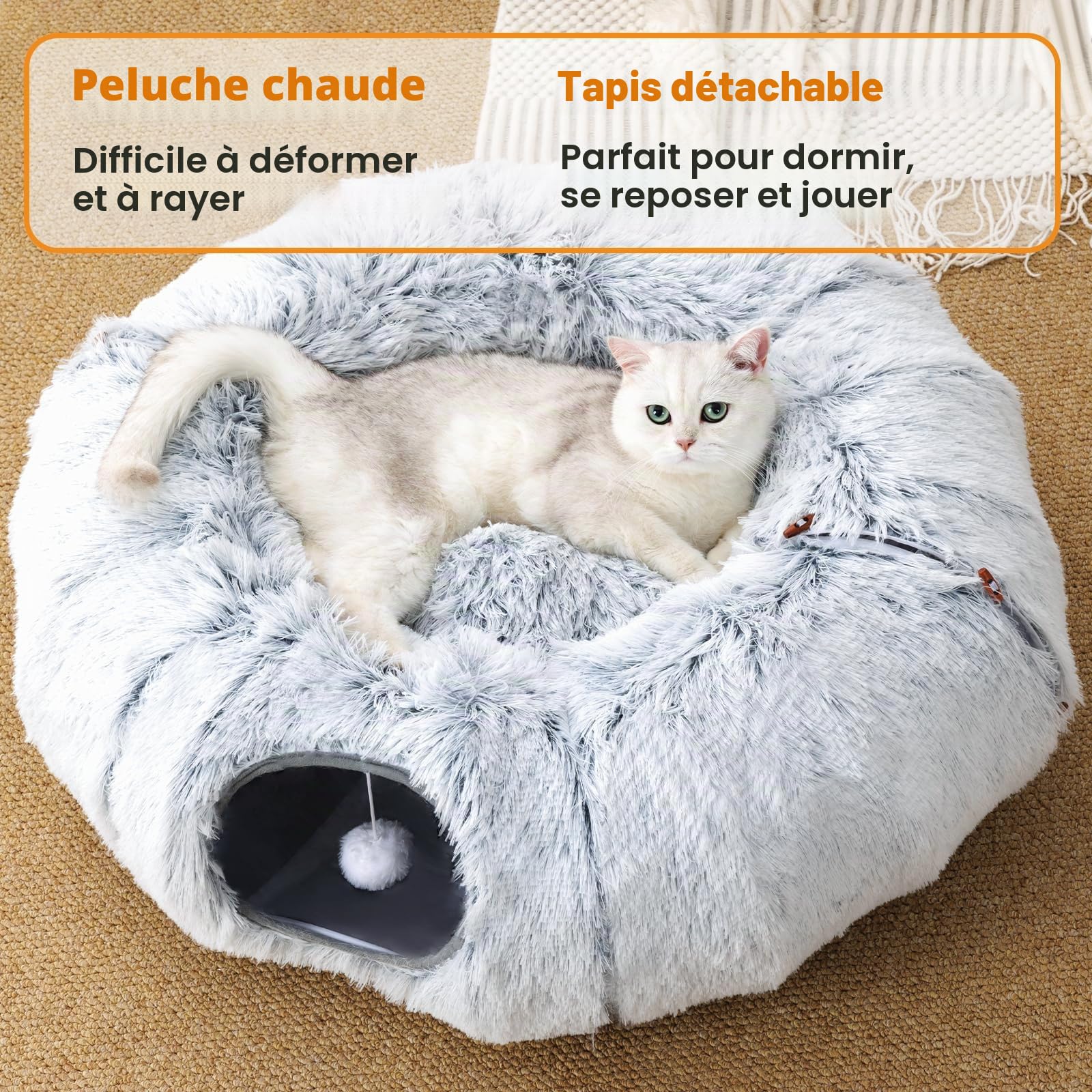 FURRYPAWS Tunnel pour Chat 3-en-1-160cm avec Dôme Détachable, Transformable (S/C/Rond), Aéré, Cadre Métal Renforcé, 20 Jouets Inclus, Pliable pour Chat/Lapin/Cochon d'Inde