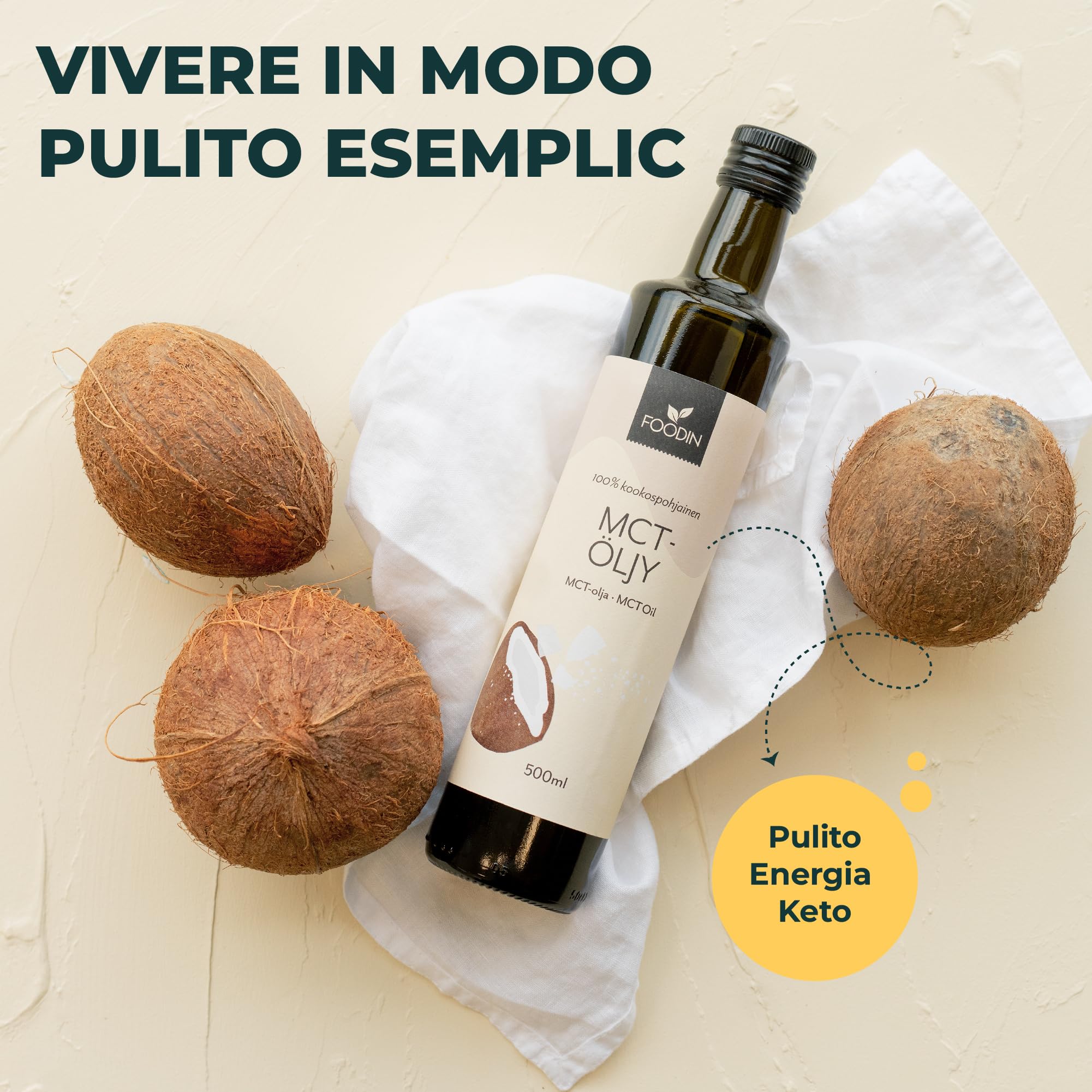 FOODIN Olio MCT 1000 ml (2 x 500 ml) in 100% olio di cocco, media chain trigliceridi (MCT), prodotto in cocco prodotto, 100% senza glutine e vegano, ideale per la dieta chetogenica