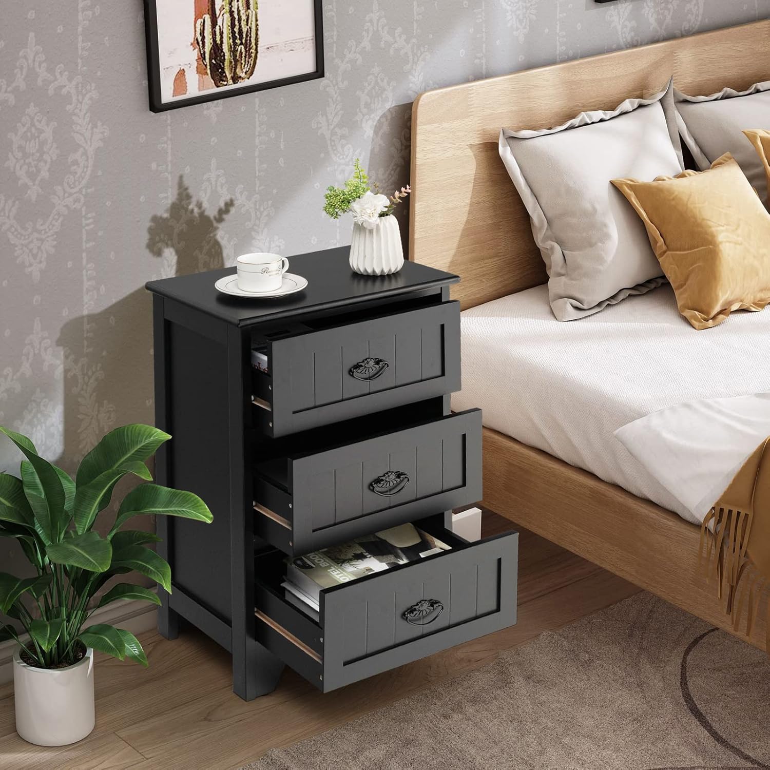 Giantex Nightstand with 3 Drawers, Bedside Table with Exquisite Metal Handles, Accent Table Sofa Side Table with Anti-toppling Device for Bedroom, Study, Black