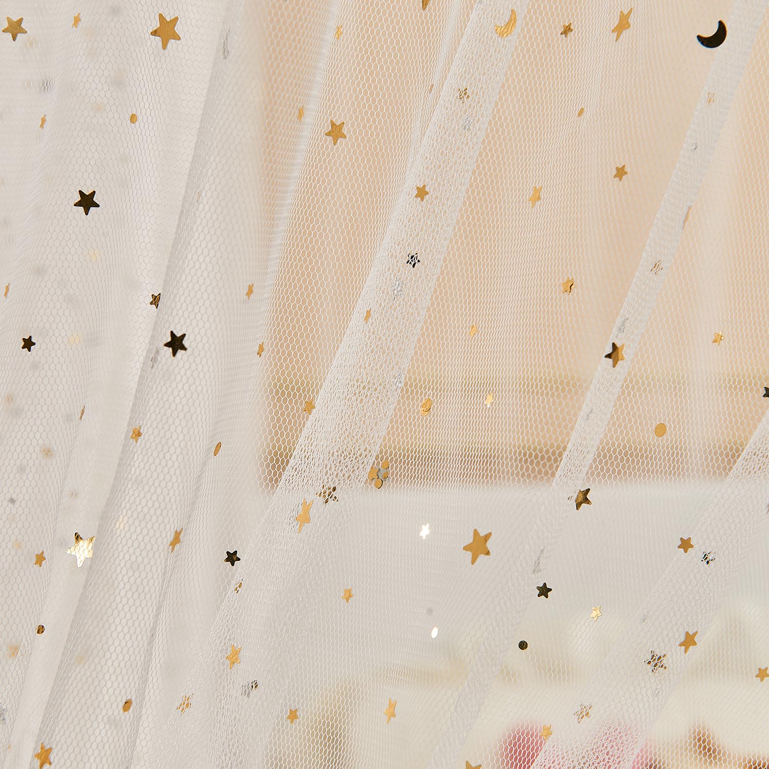 Weißer glänzender Betthimmel mit Lichtern für Mädchen und Kinder, 4 Eckpfosten, Mond, Sterne, Pailletten, Prinzessin, Betthimmel, Bettvorhänge für Schlafzimmer, Dekoration (voll, weiß)