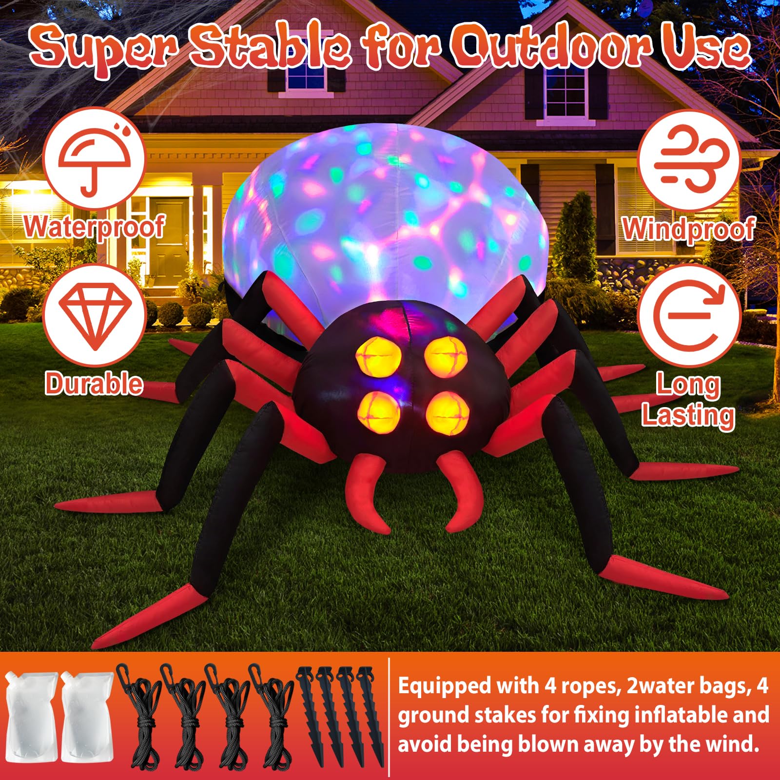 Araña Inflable Halloween 10 Pies - Luces LED Giratorias - Decoración Exterior