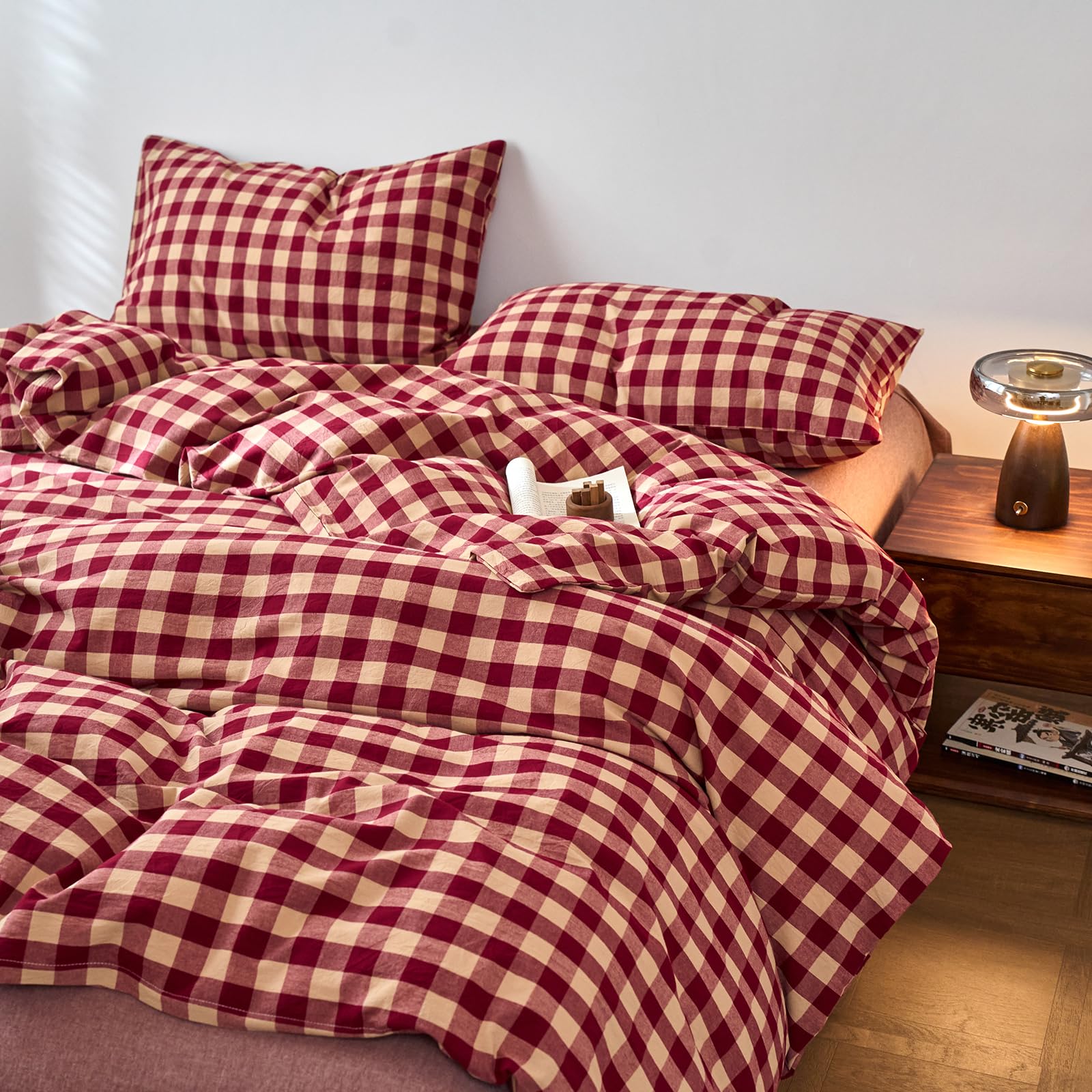 EAVD Vintage Buffalo Plaid Duvet Cover Queen 100% Washed Cotton Red&amp;Beige