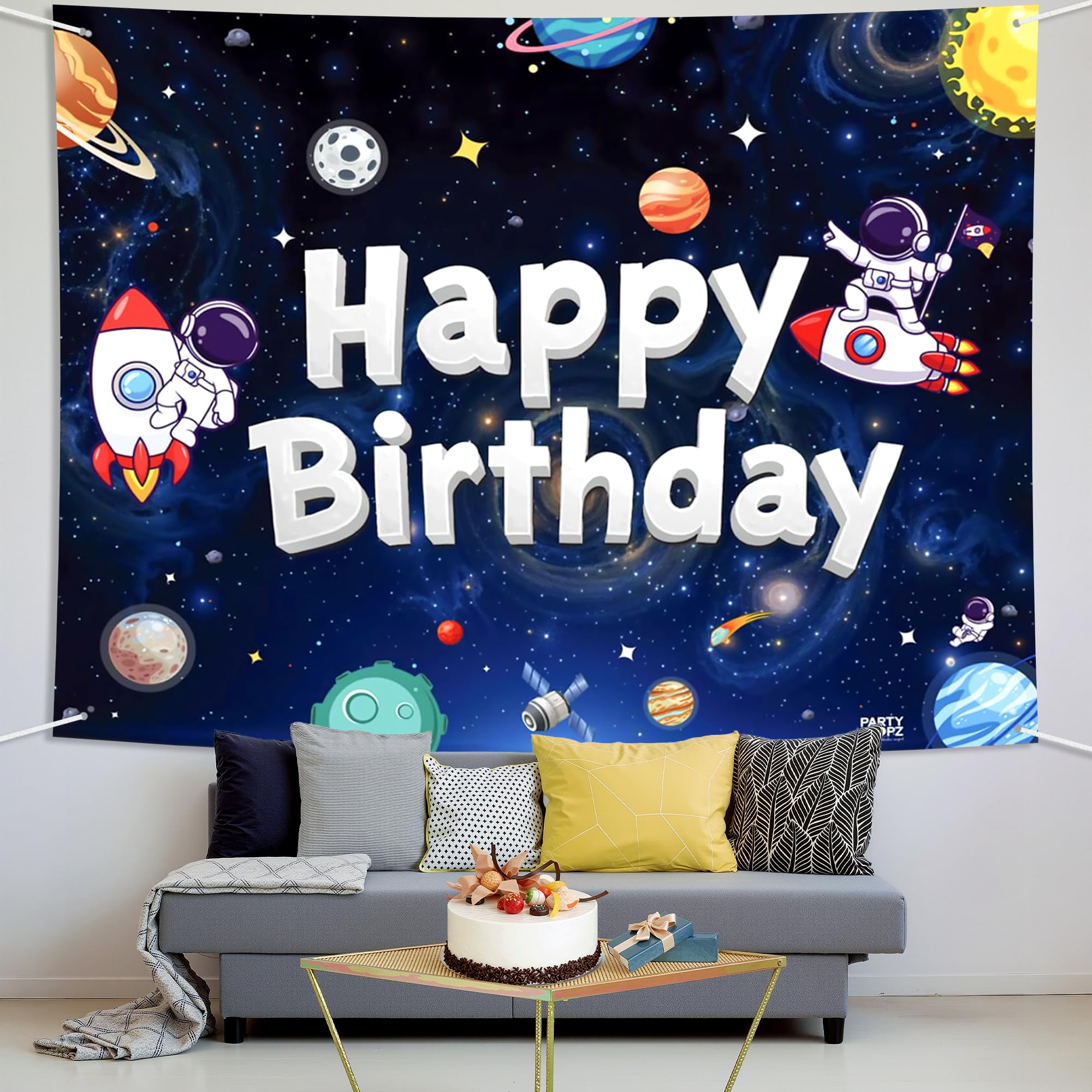 Party Propz Space Theme Birthday Backdrop 2 Pcs - Outer Space Astronaut Happy Birthday Backdrop Decoration for Boys Kids (5 x 4 Ft) with Ribbon,Space Theme Decoration for Kids-image-36