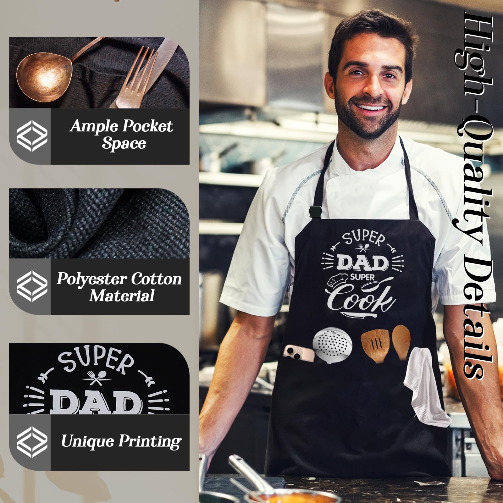conda Grembiule da uomo, grembiule da chef con cinturino regolabile e 2 grandi tasche, grembiule da cucina nero, regalo divertente per papà, nero, 27.5 x 35 inch