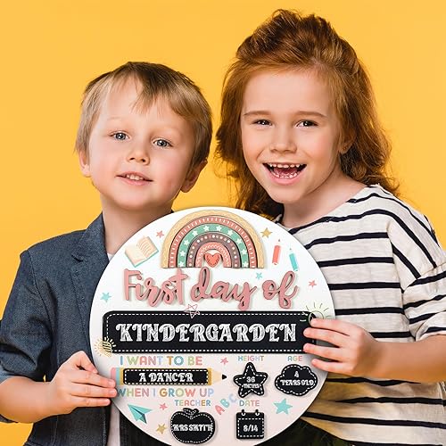 Miniatura 4 de Thyle Letrero de madera 3D para el primer y último día de escuela, reutilizable, de doble cara, redondo, arcoíris, borrable, bohemio, para el primer