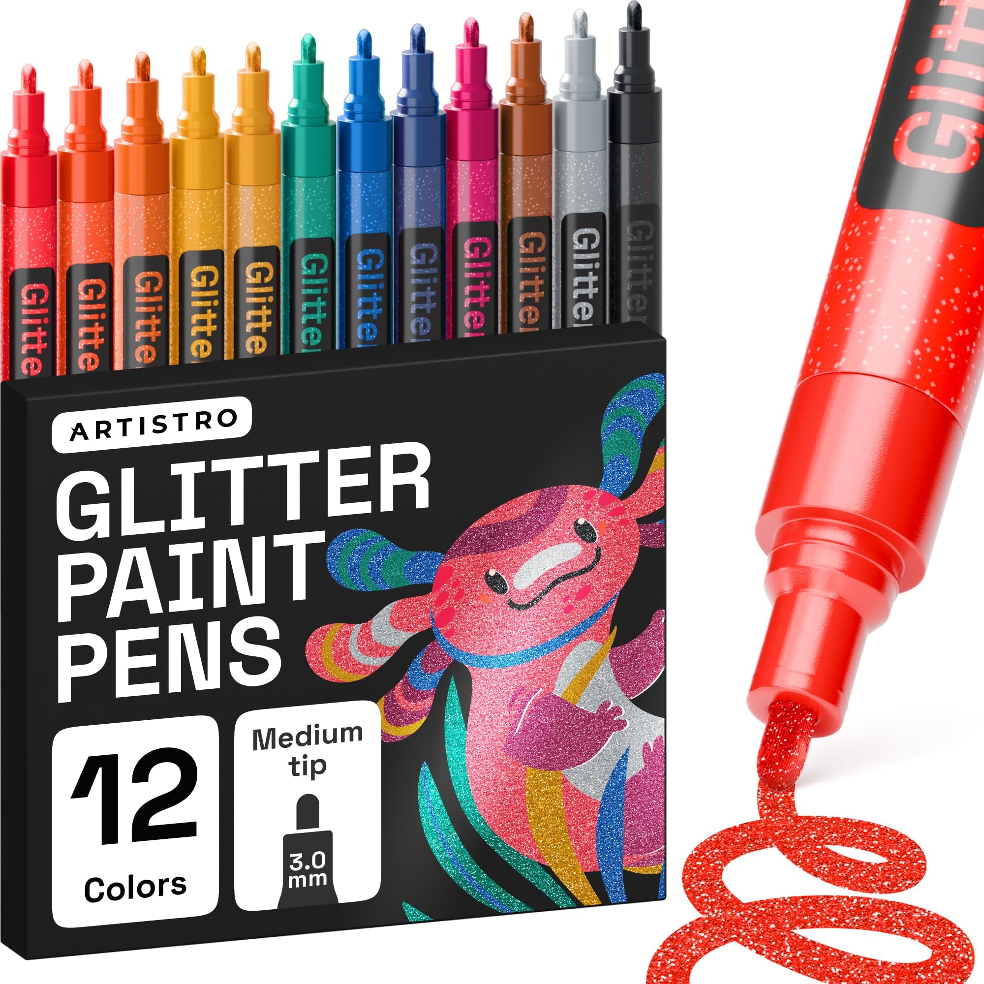 ARTISTRO 12 Glitter Paint Pens Sparkly and Shiny for Rock Painting, Stone, Ceramic, Glass, Wood, Fabric, Scrapbooking, DIY Craft Making, Coloring, Acrylic Glitter Markers, Medium Tip 3.0mm