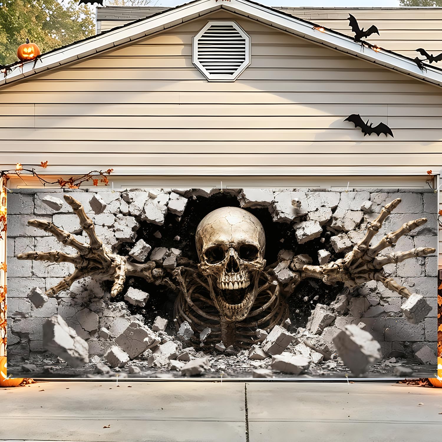 Halloween Garage Door Banner Cover, 3D Skeleton Decor, 7x16 Ft