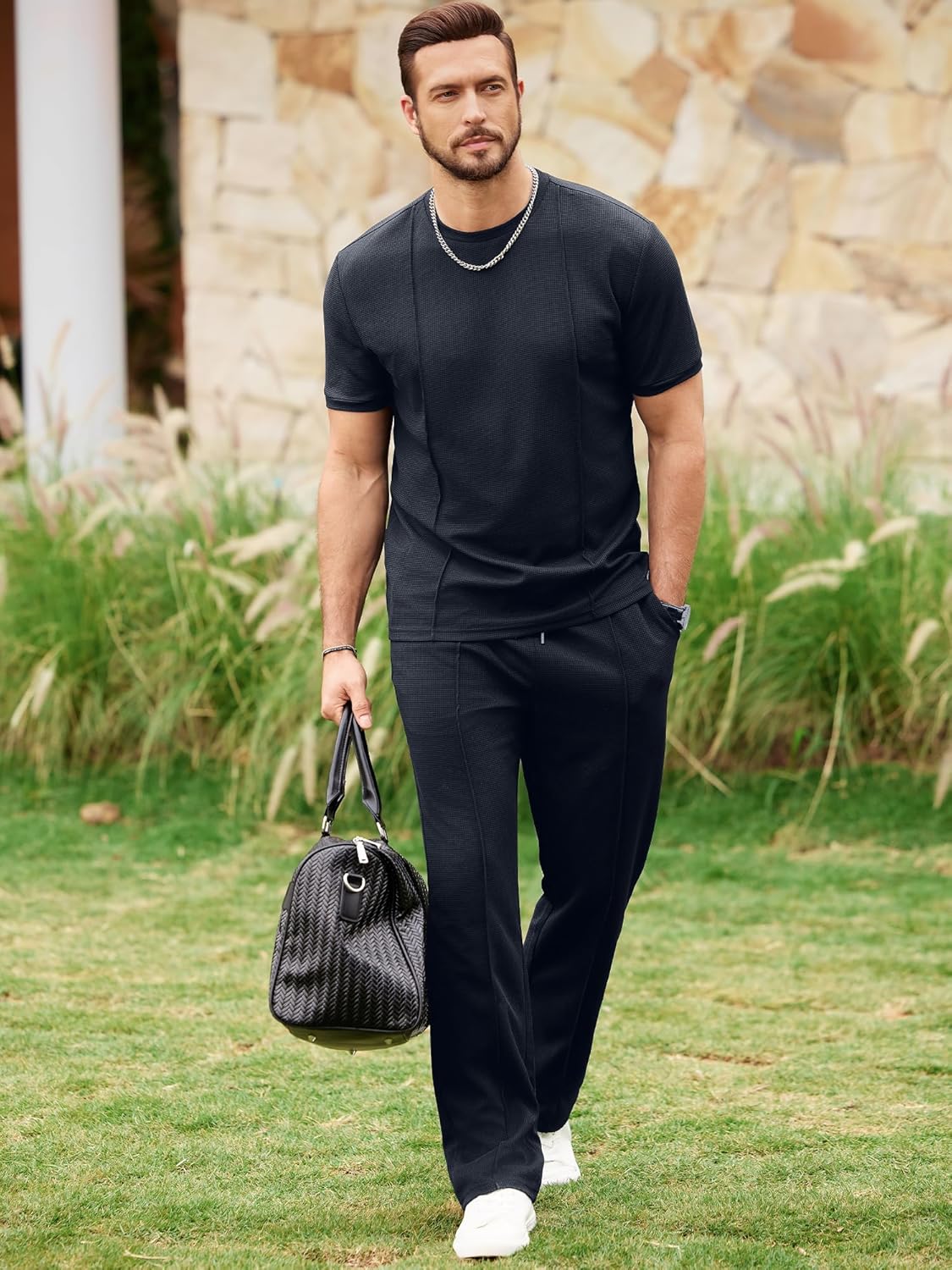 JMIERR Mens 2 Piece Sets Short Sleeve Shirts and Loose Pants Summer Textured Suits - Image 2