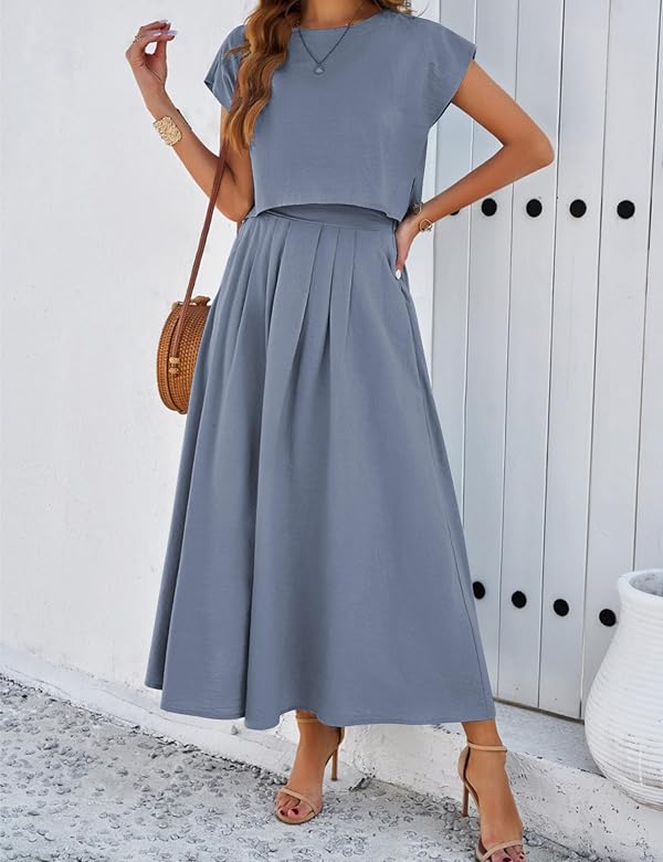 Mingzhu Womens 2 Piece Outfits Skirt Set Summer Casual Cap Sleeve Crop Tops Maxi Dress Sets with Pockets(0919-GreyBlue-XL) by Mingzhu - Image 3