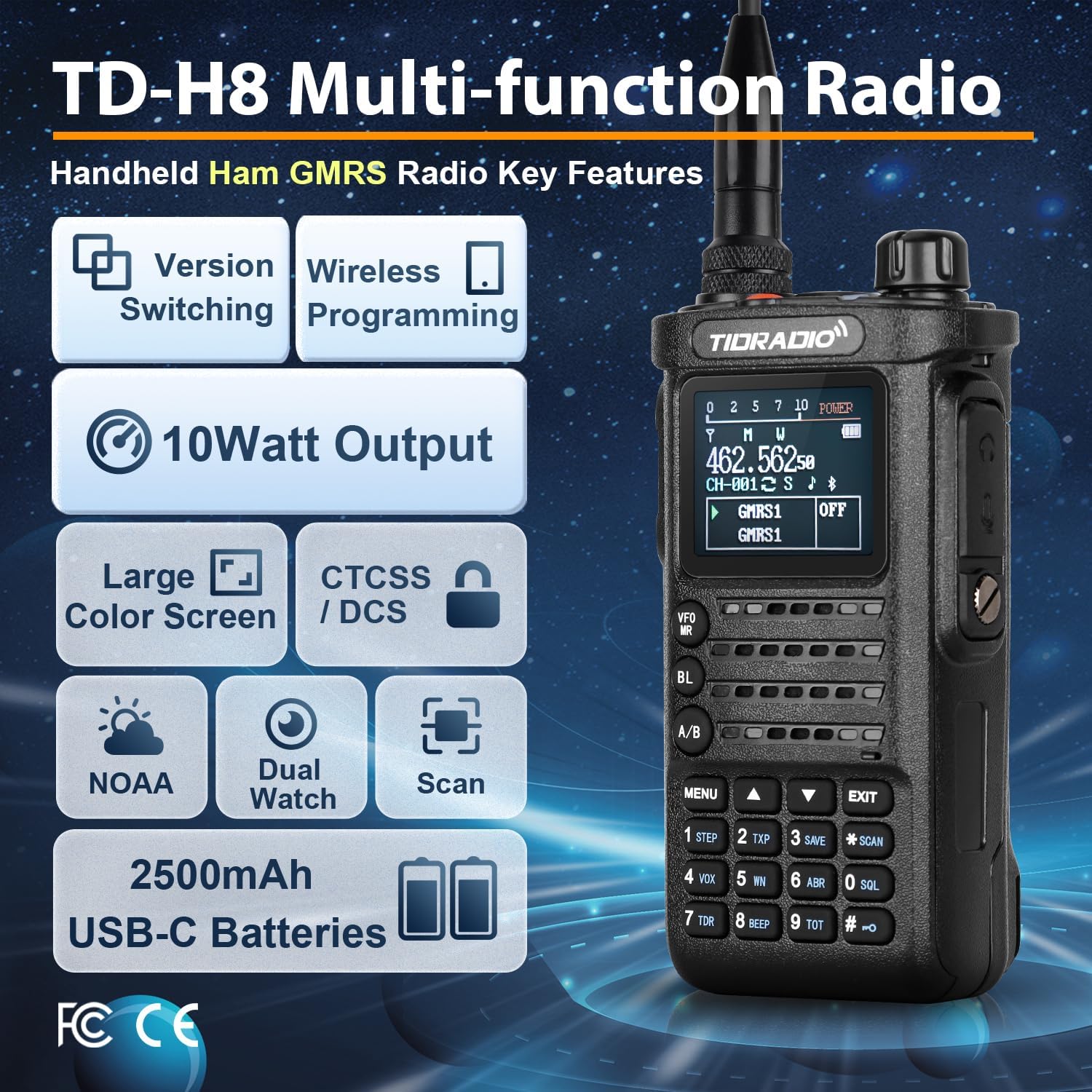 TIDRADIO TD-H8 radio highlighting key features like 10W output, wireless programming, large color screen, NOAA, Dual Watch, and 2500mAh battery.
