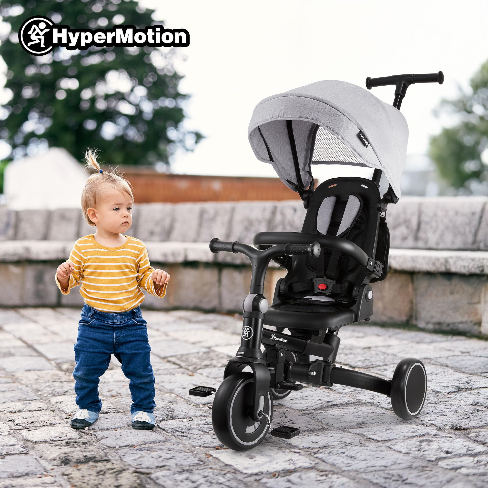 HyperMotion Triciclo Evolutivo 8 en 1 con Asiento Giratorio 360° – Triciclo Bebe Reclinable y Plegable con Capota, Arnés y Barra de Empuje – Trike Infantil para Niños de 1 a 5 Años