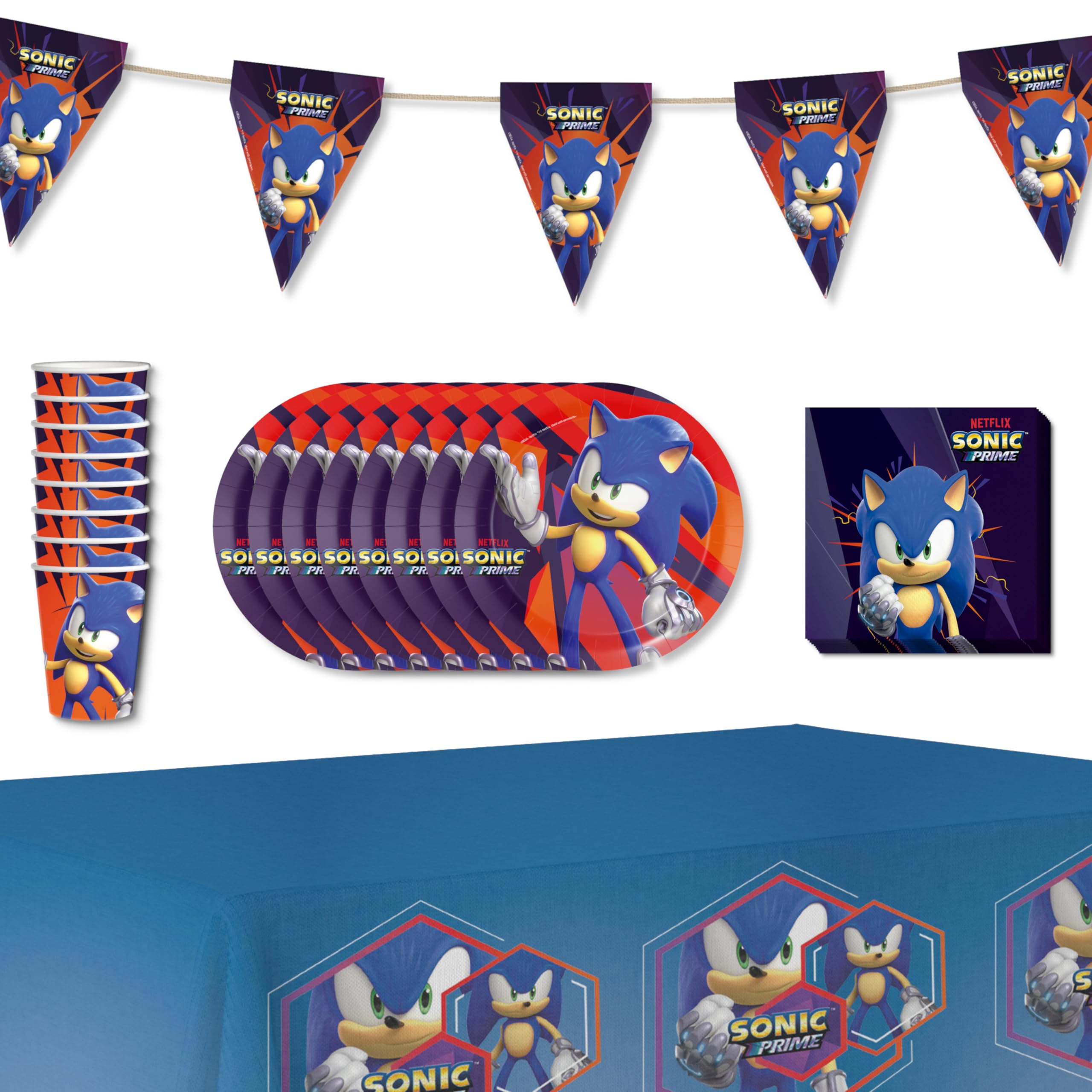 Anila's Party Set Sonic, 38-Piece Set, Plates, Cups, Napkins, Disposable Tableware, Tableware Set, Blue
