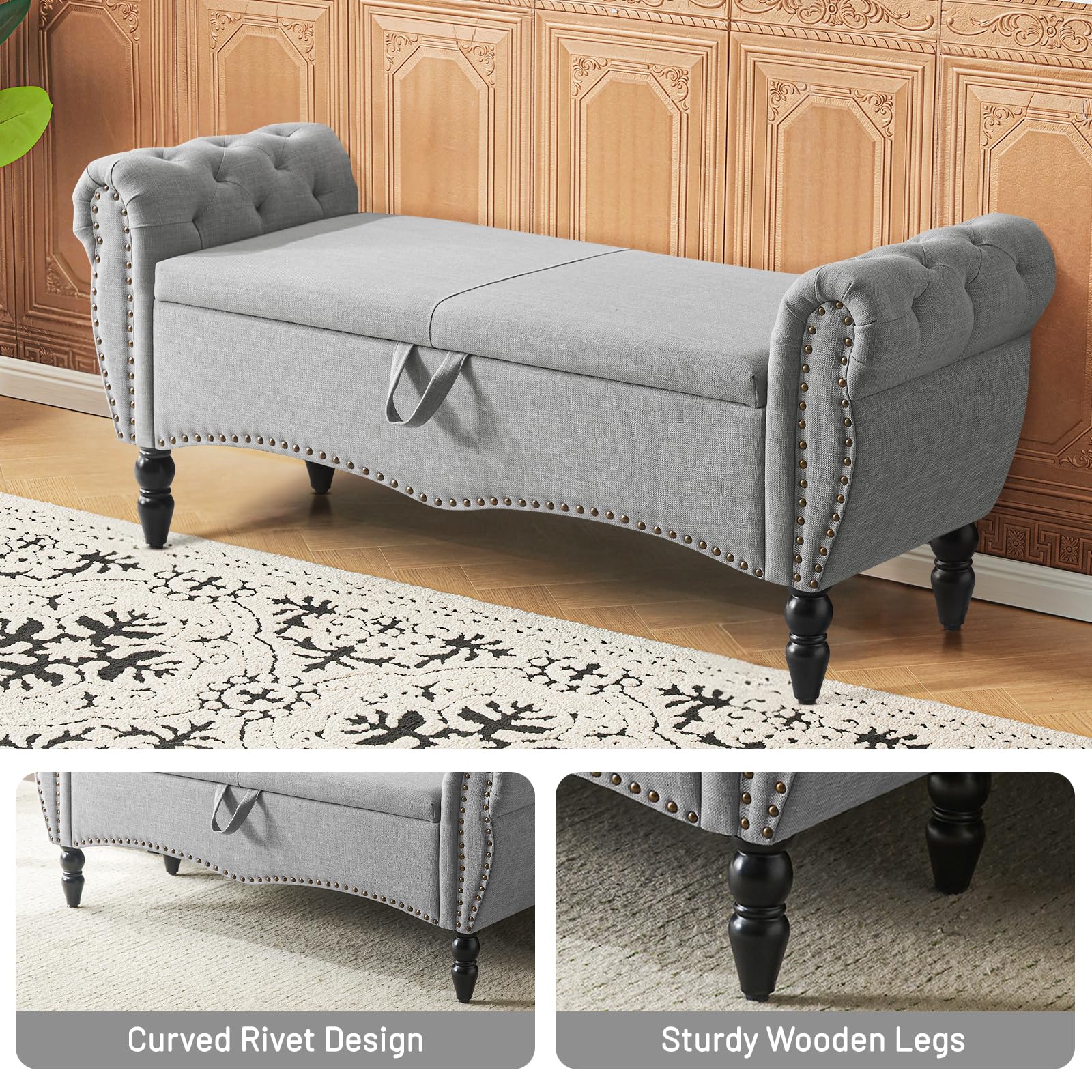 Furniliving Storage Ottoman Bench, Leather Benches End of Bed Bench with Solid Wood Legs Upholstered Ottoman Bench with Storage Indoor Bench for Living Room with Rolled Arm, Entryway, YellowBrown: Grey-1 51-inch