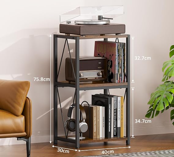 HFHOME Vinyl Record Storage 3 Tier Side Table, Record Player Cabinet for Vinyl Storage and Display, Turntable Stand in Living Room, Bedroom, Music Room