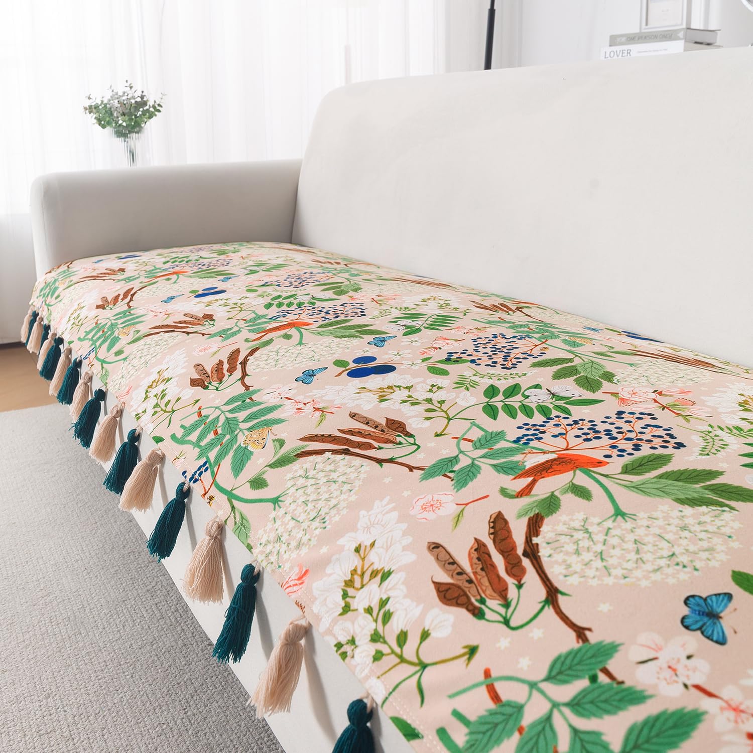 HOKIPO Sofa Cover Mat with Tassel for 1/2/3 Seater & L Shape Sofa | DIY Sofa Cover Set | Digital Printed Holland Velvet | 'Whispers of Nature' | 70(W) x 120(L) cm | Beige Woodland Bloom (IN-1119-D4)-picture-14